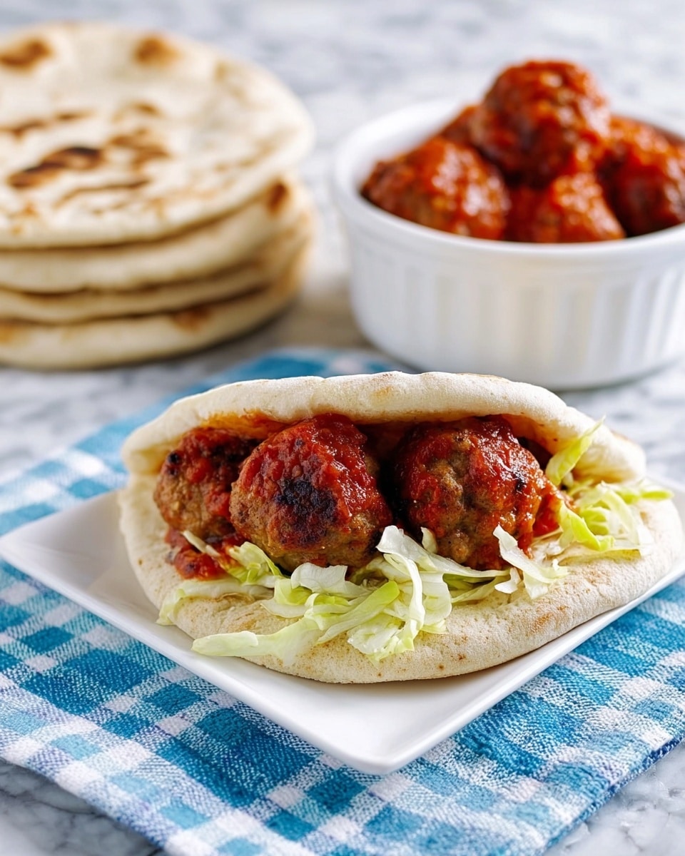 The image shows a white square plate with a pita sandwich filled with three brown meatballs covered in red sauce and topped with shredded light green lettuce. Behind the plate, there is a white bowl filled with more meatballs in red sauce. To the left, there is a stack of white pitas on a blue and white checkered cloth, all set on a white marbled surface. Photo taken with an iphone --ar 4:5 --v 7