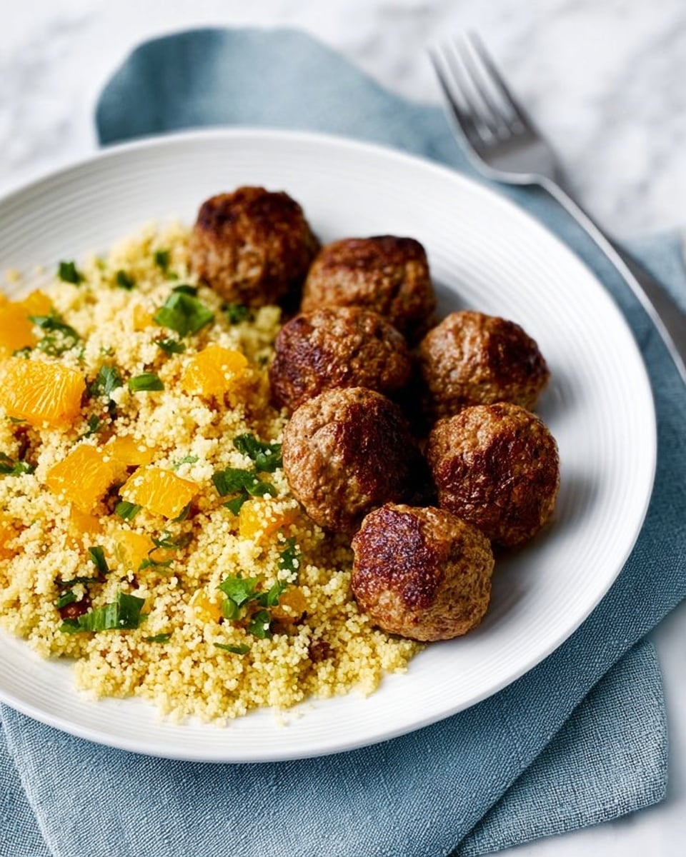 The image shows a white plate with two main parts: on one side, there are six round, brown, cooked meatballs arranged closely together with a slightly crispy texture; on the other side, there is a bed of yellow couscous mixed with small green herb pieces and chunks of orange fruit. The plate is placed on a soft blue cloth napkin with a silver fork on the right side, all set on a white marbled surface. The photo taken with an iphone --ar 4:5 --v 7
