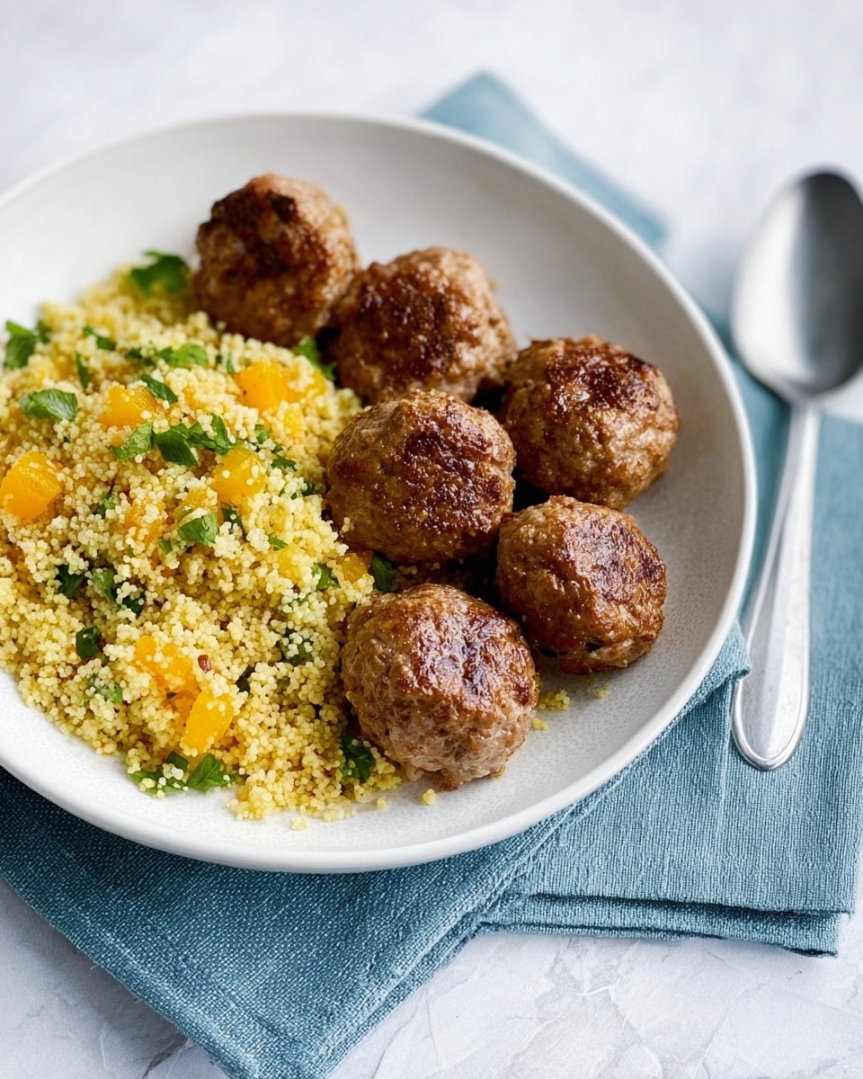 A white bowl holds six browned meatballs arranged in a cluster on one side, each with a textured, slightly crispy surface. Next to the meatballs, there is a serving of yellow couscous mixed with small green herb pieces and scattered small orange chunks, creating a colorful contrast. The bowl sits on a folded blue cloth napkin, and a silver spoon is placed to the right on a white marbled surface. The scene is well-lit with soft natural light. photo taken with an iphone --ar 4:5 --v 7