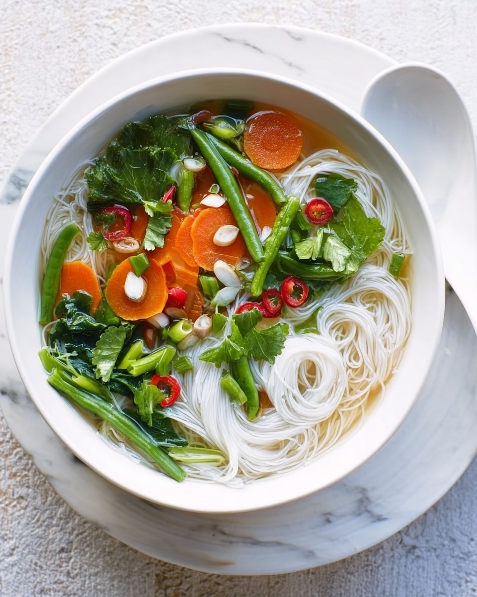 A white bowl filled with a clear broth soup that shows three main layers: the base consists of thin white rice noodles gently coiled around the bowl, the middle layer has neatly cut orange carrot slices and chopped green beans scattered on top, while the top layer includes bright green leafy greens and a few small red chili slices adding color contrast. The bowl is placed on a white marbled surface with a white spoon resting beside it. Photo taken with an iphone --ar 4:5 --v 7
