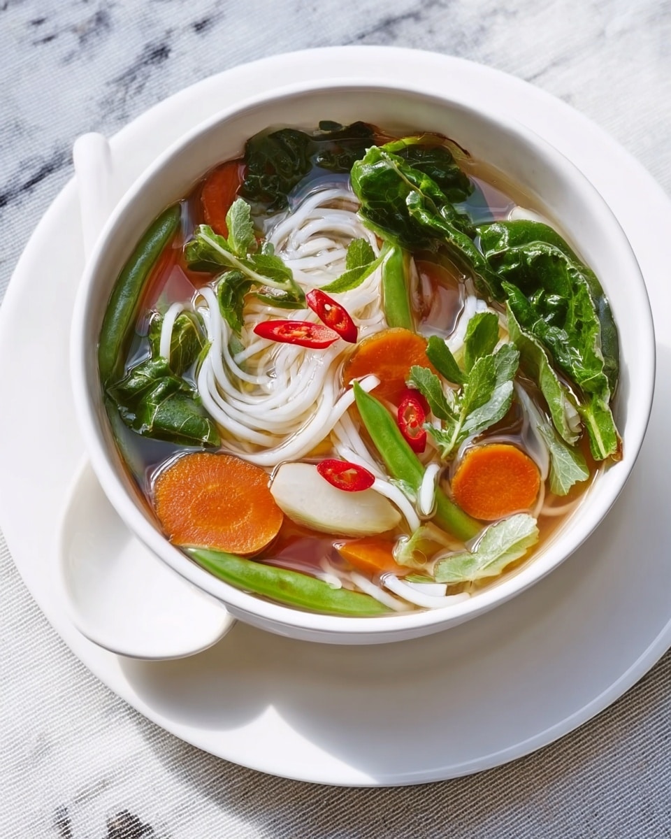A white bowl filled with clear soup containing five layers: a base of thin white noodles that curl loosely around the bowl, floating light orange carrot slices with smooth edges, bright green long beans cut into short pieces, large dark green leafy vegetables placed on one side, and thin slices of red chili peppers scattered on top. The bowl rests on a white plate with a white spoon beside it, all set on a white marbled surface. Photo taken with an iphone --ar 4:5 --v 7