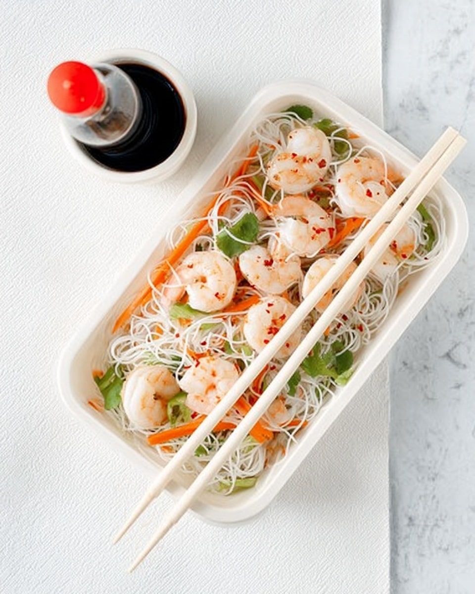 The image shows a white rectangular takeout container filled with a shrimp noodle salad. The bottom layer is thin white rice noodles, topped with bright orange carrot sticks and small green herbs scattered over. On top of this is a layer of cooked shrimp, pinkish-white in color, with some red seasoning sprinkled across. Two light wooden chopsticks rest diagonally across the container. To the upper left of the container, there is a small white round dish holding a dark soy sauce bottle with a red cap. The whole setup is placed on a white marbled texture surface with a white napkin underneath the container. photo taken with an iphone --ar 4:5 --v 7