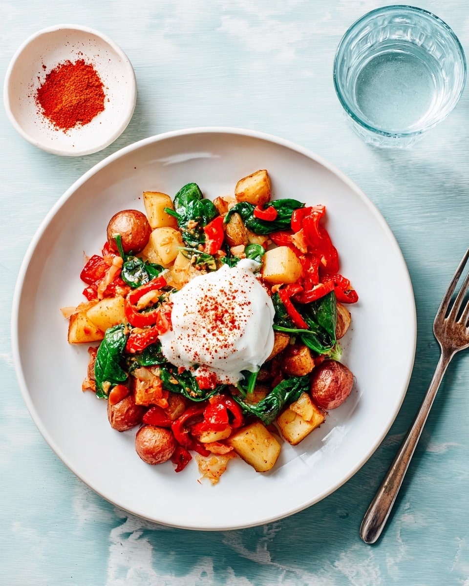 A white plate sits on a white marbled surface, filled with a colorful mix of roasted vegetables including red and beige potatoes, bright red bell peppers, and green spinach leaves. At the center of the plate is a dollop of white cream or sauce, sprinkled with a fine red powder like paprika. To the right of the plate, there is a clear glass of water and a small white bowl containing more of the red powder, placed neatly on the surface. The overall look is fresh and vibrant with warm colors contrasting the clean white dish and light background. photo taken with an iphone --ar 4:5 --v 7