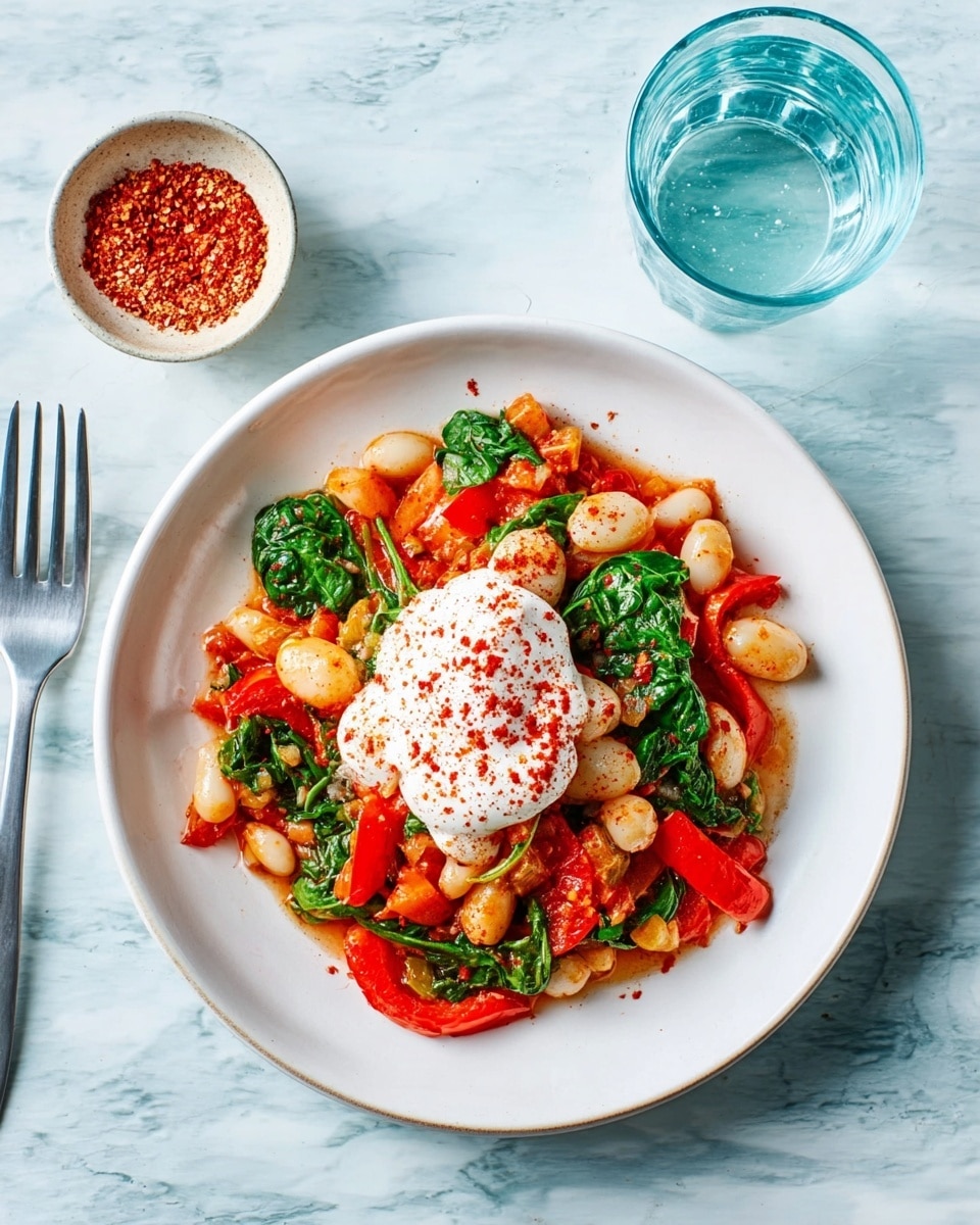 The image shows a white round plate with a colorful vegetable mix on a white marbled texture background. The dish has three main layers: the bottom layer is cooked red and orange bell peppers with green spinach leaves, showing a sautéed texture; the middle layer consists of small cooked white beans or gnocchi; the top layer is a dollop of white creamy sauce sprinkled with red spice powder. To the right side of the plate, there is a clear glass of water and a small white bowl with more red spice powder. The photo taken with an iphone --ar 4:5 --v 7