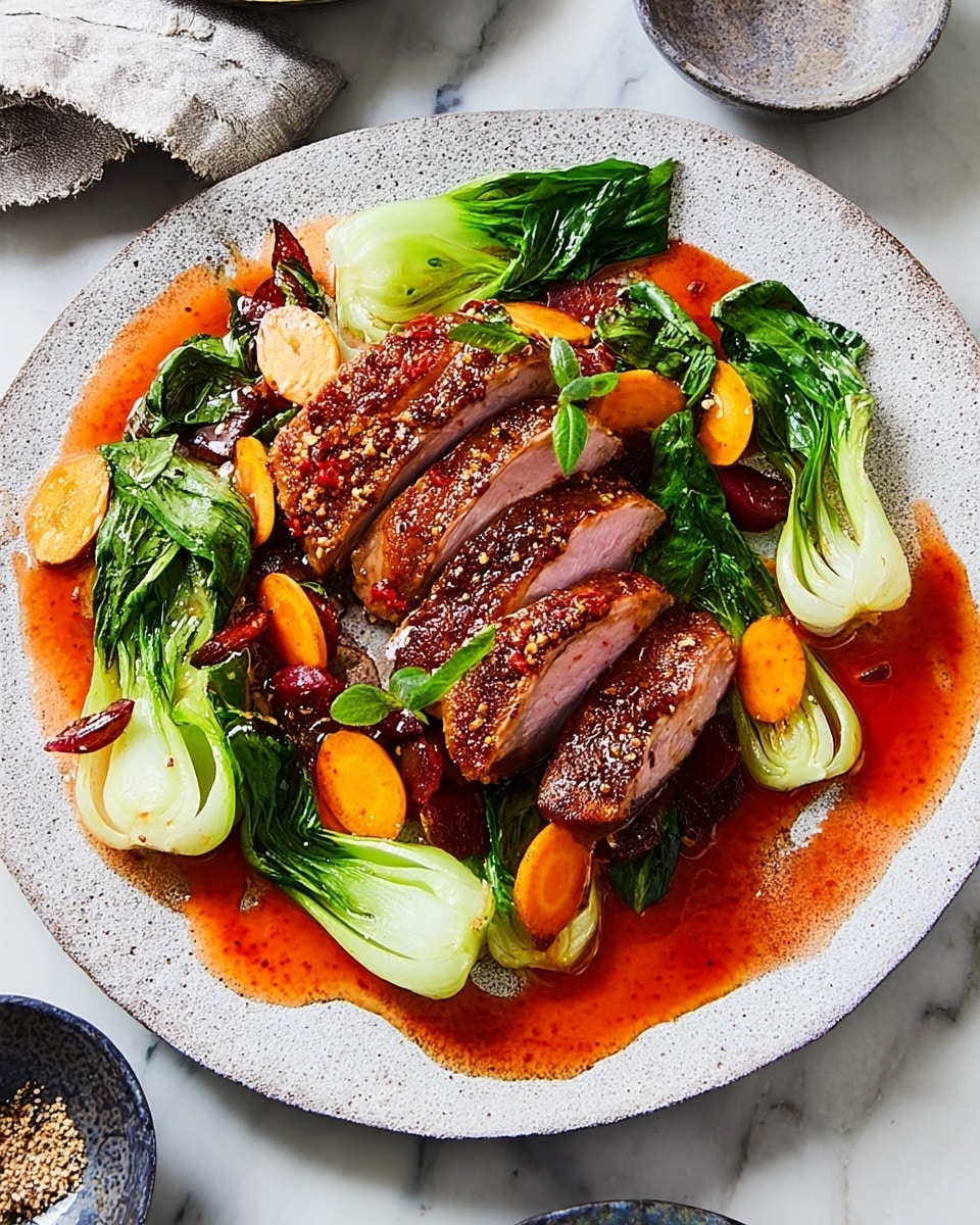 The dish shows a textured white plate with four pieces of browned, crusted meat, each piece cut to reveal a tender pink inside. Around and under the meat are bright green baby bok choy leaves with fresh, glossy texture. Scattered on and around the meat and leaves are slices of cooked, deep orange carrots, their edges slightly wilted. The whole dish is drizzled with a shiny, thick reddish-orange sauce that pools lightly on the plate, adding a vibrant contrast. The plate sits on a white marbled surface with some small bowls and cloths nearby. Photo taken with an iphone --ar 4:5 --v 7