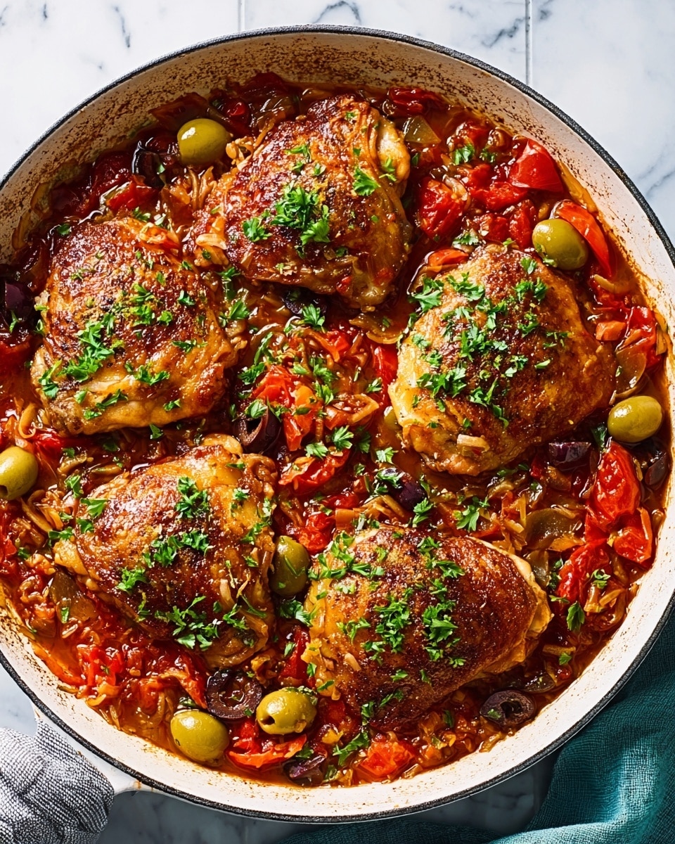 A white pan filled with four cooked chicken thighs, each with golden-brown, crispy skin, sitting on a thick sauce made of small pieces of red tomatoes, green olives, and herbs. The dish is vibrant with bright red and green colors mixed with the brown sauce and sprinkled finely with chopped fresh green parsley on top. The pan rests on a white marbled surface with a folded gray cloth nearby. The scene looks warm and inviting, showing the food's rich texture and fresh ingredients clearly. photo taken with an iphone --ar 4:5 --v 7