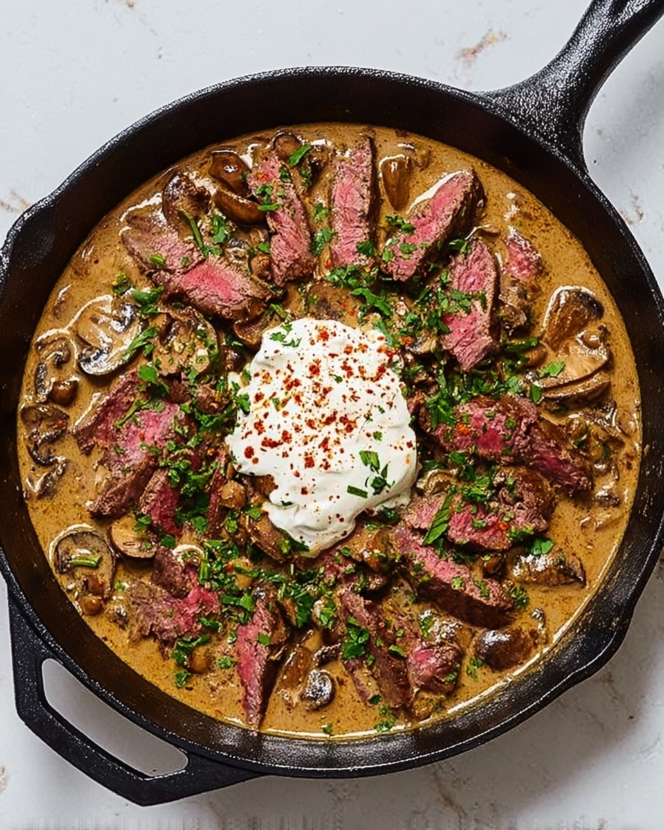 A black cast iron skillet filled with a creamy brown sauce mixed with sliced mushrooms and strips of pink-centered steak layered evenly throughout. On top of the steak and sauce, there is a dollop of white sour cream with a sprinkle of red spices and fresh green chopped herbs scattered around for garnish. The skillet sits on a white marbled surface, showing the dish’s rich textures and contrast of colors. Photo taken with an iphone --ar 4:5 --v 7
