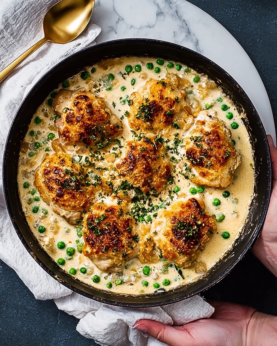 A black round pan filled with six golden-brown baked chicken pieces layered on a creamy white sauce with green peas scattered throughout; the chicken pieces have a crispy textured topping that is browned and slightly crunchy. The pan is held by a woman's hand on the bottom right corner and placed on a white marbled surface with a white napkin underneath it. A gold spoon lies beside the pan on top of the white napkin. The overall look is warm and inviting, with a mix of creamy, crispy, and smooth textures visible. photo taken with an iphone --ar 4:5 --v 7