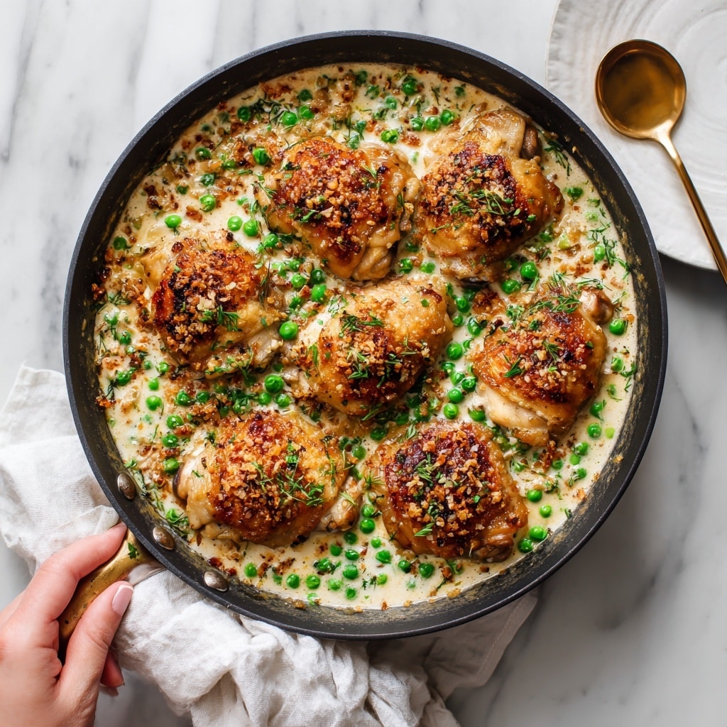 A round black pan filled with seven golden-brown baked chicken thighs sitting in a creamy white sauce with green peas scattered throughout. The chicken pieces have a crispy texture on top with some browned, crunchy bits sprinkled all over. The pan is held by a woman's hand on a white marbled surface, next to a folded white cloth and a gold spoon resting on a white plate. The whole scene is bright and inviting. photo taken with an iphone --ar 4:5 --v 7