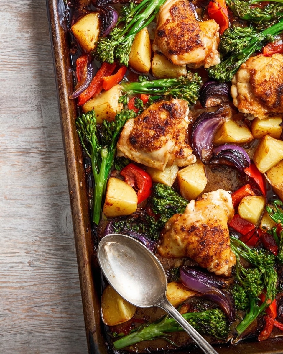 The image shows a baking tray filled with roasted chicken and vegetables on a white marbled surface. The tray contains three pieces of browned chicken thighs with a golden and slightly crispy texture. Around the chicken, there are several roasted potato chunks that look soft and golden, bright green broccolini stems, red bell pepper pieces, and ring slices of purple onion that have a slightly charred look. A silver spoon is placed on the tray near one of the chicken pieces. The overall colors are warm, earthy, and vibrant, creating a hearty and fresh look. photo taken with an iphone --ar 4:5 --v 7