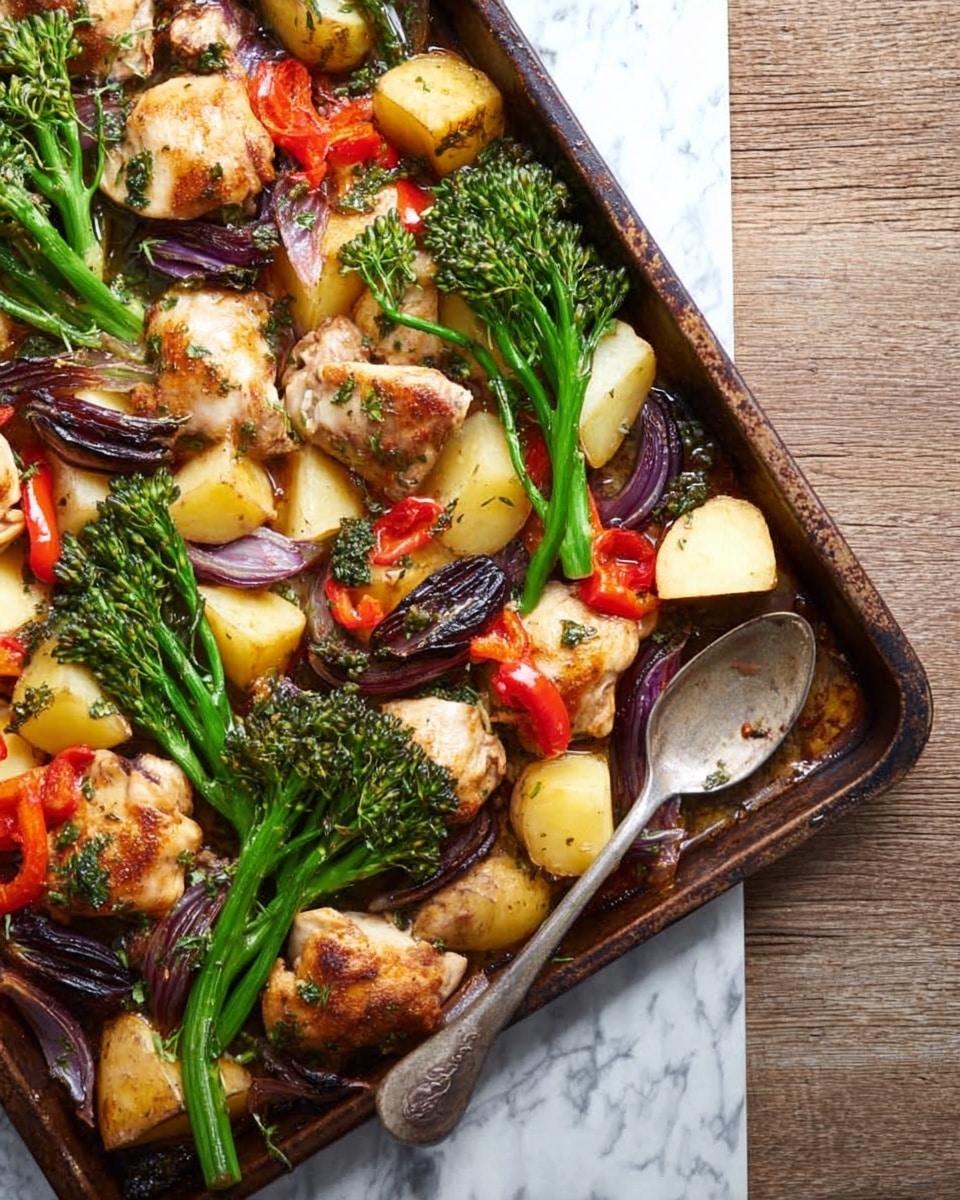 The image shows a baking tray filled with cooked food placed on a white marbled surface. The dish has layers of roasted chicken pieces that are golden-brown with some herbs on top. Around the chicken, there are chunks of light yellow roasted potatoes, bright green broccolini stalks, and slices of red bell pepper. There are also slices of dark purple cooked onions scattered over the dish. A silver spoon is lying on the tray near the chicken pieces. Photo taken with an iphone --ar 4:5 --v 7