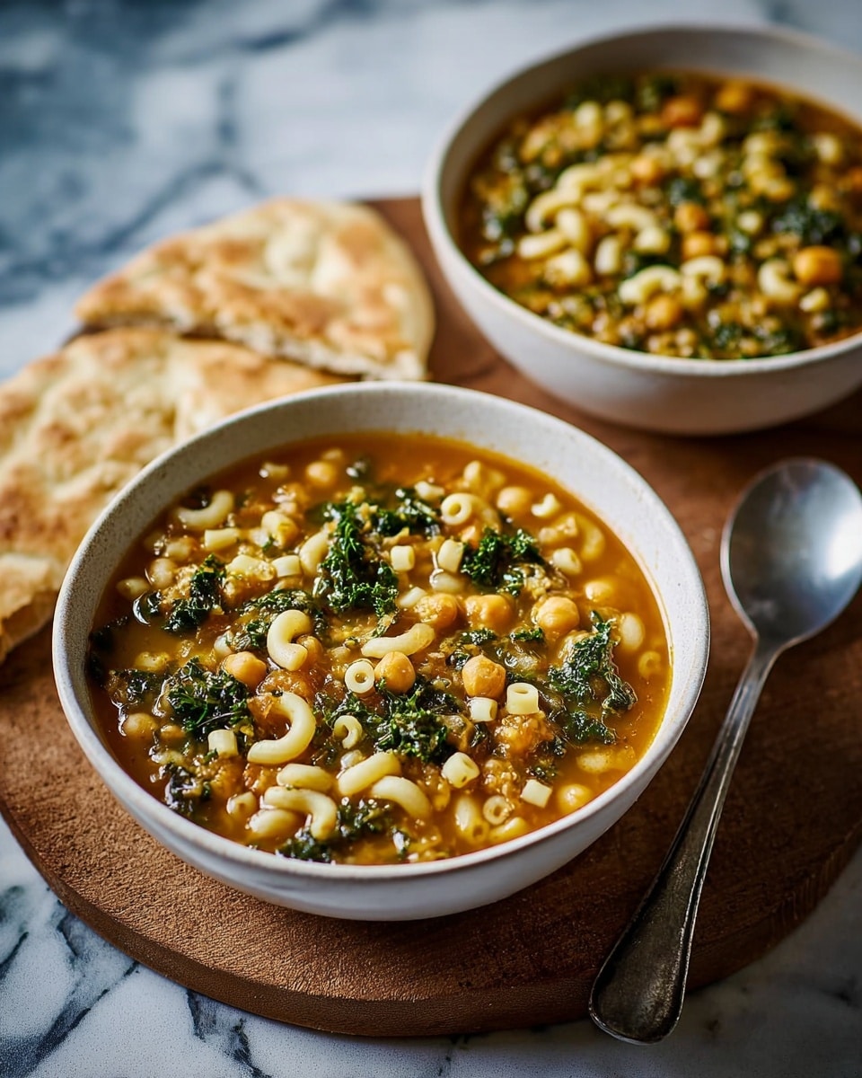 The image shows two white bowls filled with a chunky soup that has small elbow macaroni pasta, chickpeas, green kale pieces, and lentils in a light brown broth. The bowl in front sits on a wooden board with some pieces of flatbread on the left side. On the right side, there is a metal spoon resting on a white marbled surface. The soup looks warm and hearty with an inviting mix of green, white, and brown colors in the broth. Photo taken with an iphone --ar 4:5 --v 7