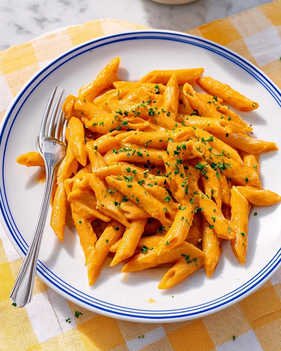 A white plate with a blue rim holds a single layer of cooked penne pasta coated in a creamy orange sauce. The pasta pieces are smooth and slightly shiny, arranged loosely with some overlapping. The dish is topped with small, finely chopped green herbs evenly scattered across the pasta. A silver fork rests partially inside the pasta on the left side of the plate. The plate sits on a yellow and white checkered cloth over a white marbled surface. photo taken with an iphone --ar 4:5 --v 7