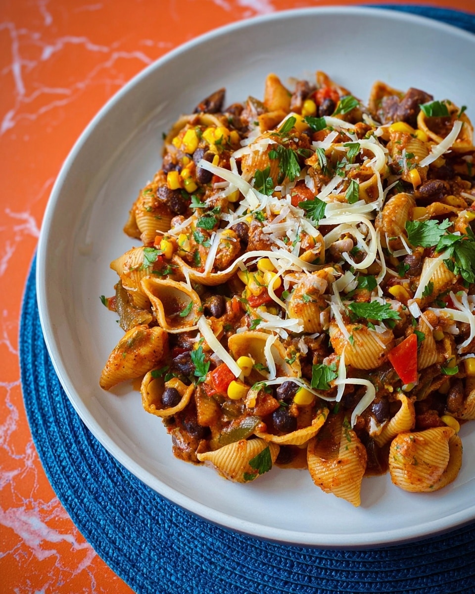 The dish is served on a white plate and shows a mix of shell pasta covered in a thick sauce, mixed with dark beans, yellow corn, and small pieces of red and green bell peppers. The pasta is topped with shredded white cheese and fresh green parsley leaves scattered over it. The colors are warm with orange, yellow, brown, and green tones, making the dish look rich and hearty. The plate is placed on a white marbled surface with a blue round mat underneath, adding contrast to the warm colors of the food. Photo taken with an iphone --ar 4:5 --v 7