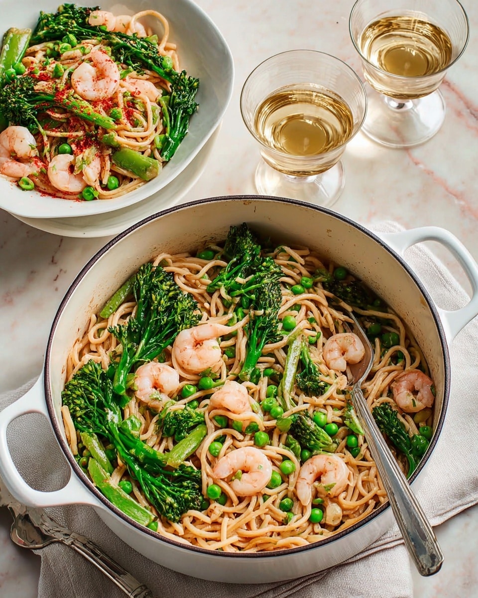 A white pot filled with a dish of noodles mixed with green peas and pieces of bright green broccolini, topped with small pink shrimp scattered evenly throughout. The noodles are light brown, twisted and layered as the base. A silver fork rests inside the pot, partially submerged. To the left, a smaller white bowl holds a similar portion of noodles with peas, broccolini, and shrimp, with a drizzle of red sauce on top. Two clear glasses filled with a pale golden liquid stand behind the pot. A silver fork lies on a white cloth next to the pot, all placed on a white marbled surface. Photo taken with an iphone --ar 4:5 --v 7