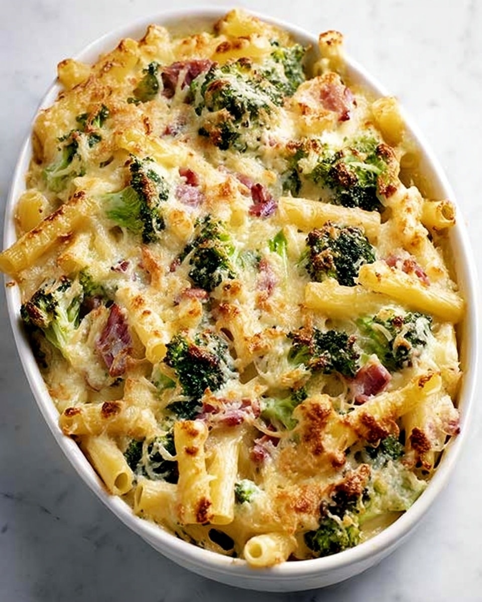 A white oval dish filled with a baked pasta dish that has three main layers visible from the top: golden baked pasta tubes scattered evenly with creamy melted cheese that has a slightly browned crust, bright green broccoli florets mixed throughout, and pieces of reddish cooked ham spread among the pasta and broccoli. The surface shows a slightly crispy cheese topping with a few melted cheese strings and small browned spots. The dish sits on a white marbled background. Photo taken with an iphone --ar 4:5 --v 7