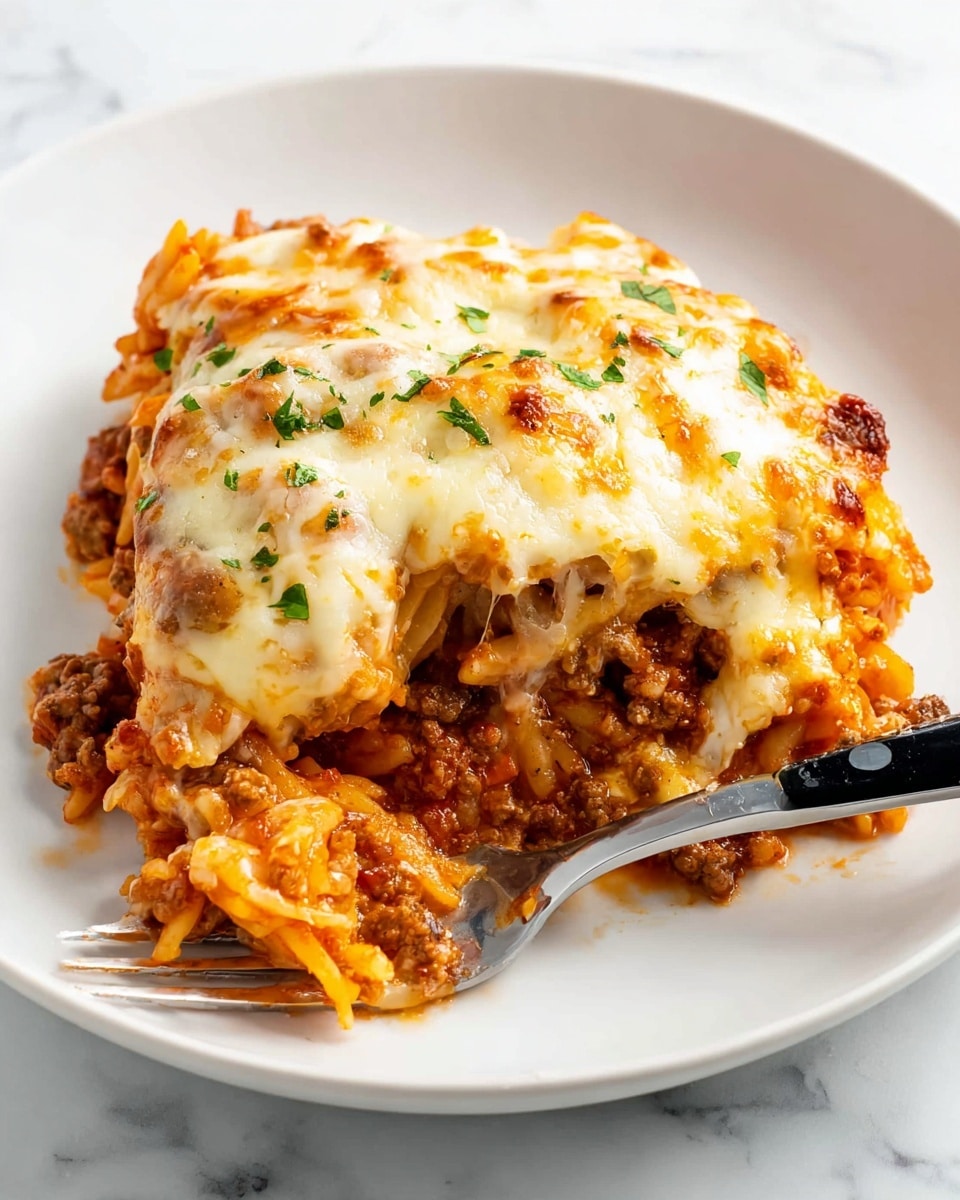 A white plate holds a layered baked pasta dish. The bottom layer is orange-red pasta mixed with browned ground meat. Above that is a thick layer of melted golden and white cheese, slightly bubbling and stretching in places. Small green herb bits are sprinkled over the top, adding color contrast. A silver fork with a black handle rests at the edge of the plate on a white marbled surface. photo taken with an iphone --ar 4:5 --v 7