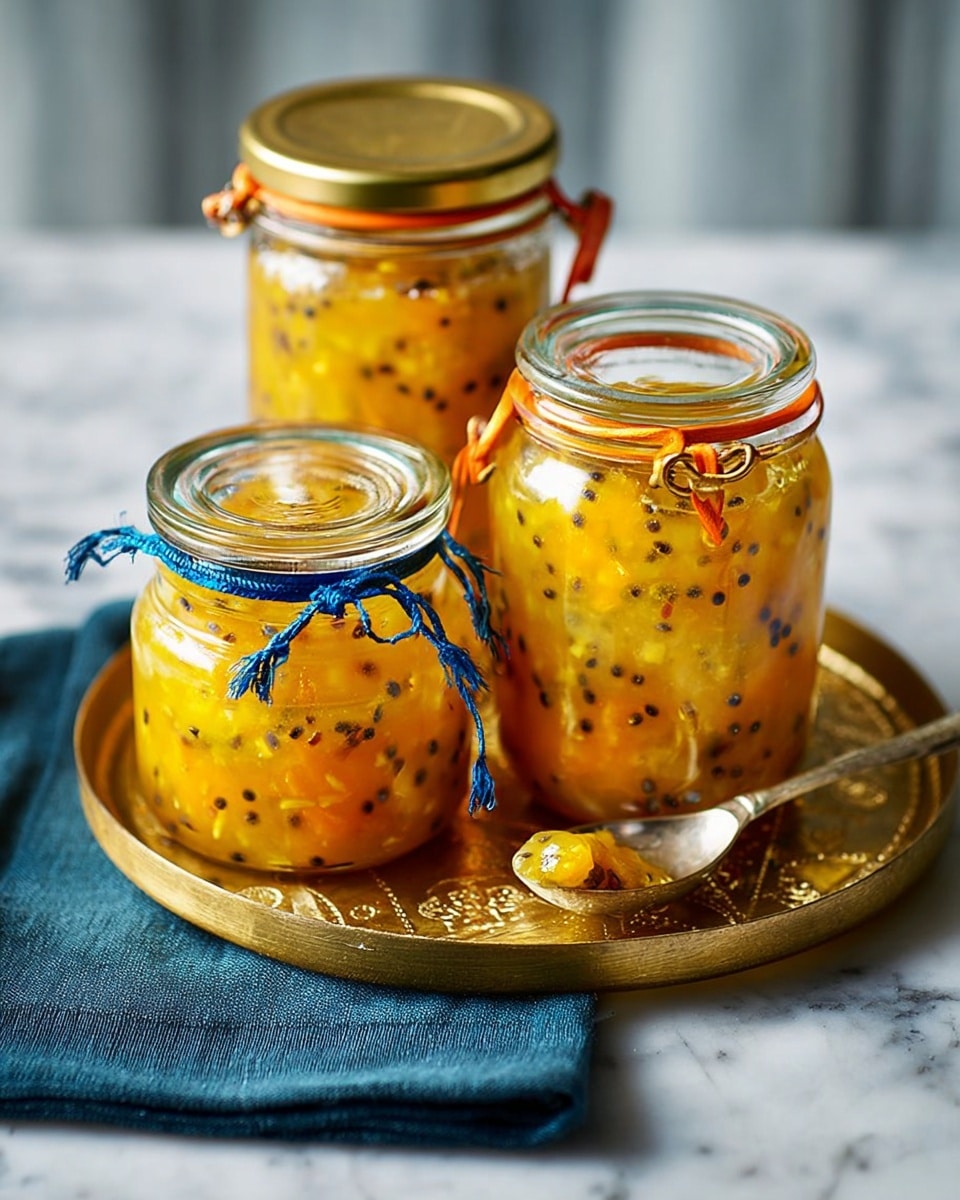 Three glass jars filled with chunky bright yellow-orange chutney mixed with black seeds and small spices sit on a round golden tray. The jars have two different lids: one jar has a metal lid resting open, another jar has a gold metal lid closed and tied with a thin blue ribbon, and the third jar has a glass lid with orange rubber trim and metal clasps, also tied with a blue ribbon. A spoon with some chutney rests on the edge of the tray near a folded dark blue cloth. The whole scene sits on a white marbled surface. photo taken with an iphone --ar 4:5 --v 7