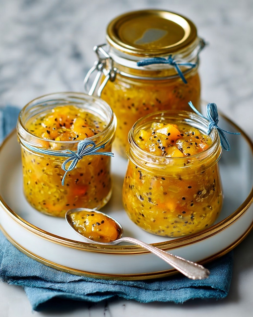 Three glass jars filled with yellow-orange chunky chutney speckled with black seeds sit on a round white plate with a gold rim. The jar in front is open, showing a thick, glossy texture with visible pieces of vegetables. One jar in the back has a metal clasp lid, while the other two have gold screw tops, each tied with a thin blue ribbon. A silver spoon with some chutney rests on the edge of the plate. The setup is on a white marbled surface with a folded blue cloth beside the plate. photo taken with an iphone --ar 4:5 --v 7