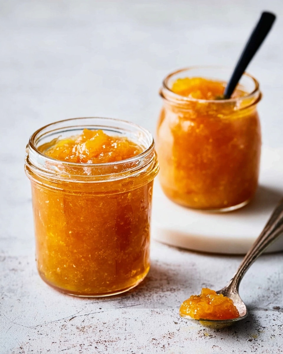 Two small clear glass jars filled with chunky orange jam are placed on a white marbled texture surface. The jar in the front shows the thick textured jam with small bits of fruit, while the jar in the back has a black spoon inside, partially immersed in the jam. Nearby, a spoon lies on the surface with a small dollop of the orange jam on it. The scene has a bright and natural light giving a fresh and homemade feel. Photo taken with an iphone --ar 4:5 --v 7