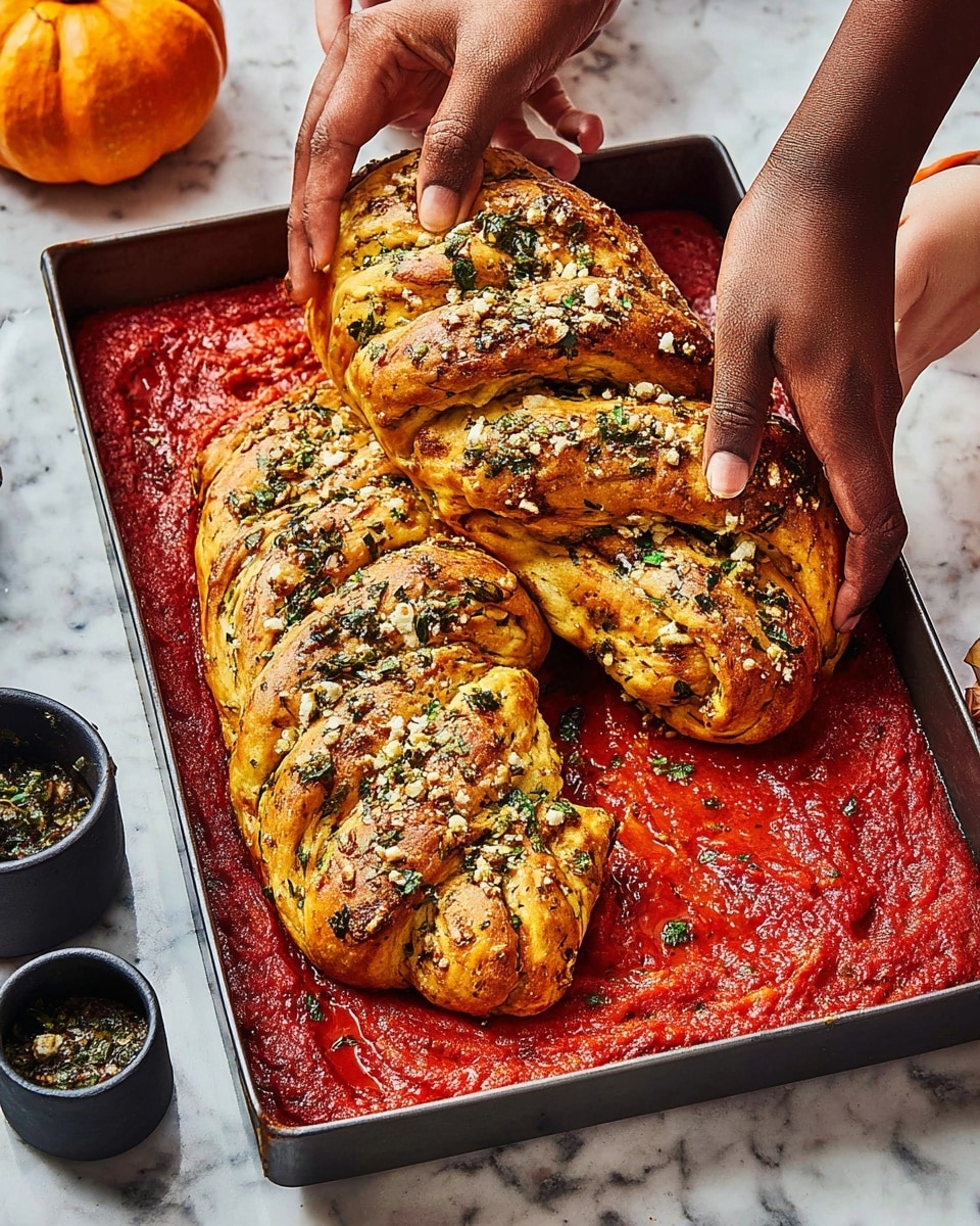A rectangular baking pan holds a large, snake-shaped, golden-brown bread loaf sprinkled with chopped herbs and bits of garlic. The loaf sits on a thick, vibrant red tomato sauce spread evenly across the base of the pan, creating a vivid contrast with the bread. The bread has a soft, slightly textured surface, and the top part is being pulled apart by two dark-skinned arms, one of which is a woman's hand. The scene is set on a white marbled textured surface, with small black containers and an orange pumpkin visible in the background. Photo taken with an iphone --ar 4:5 --v 7