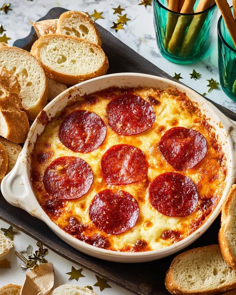 Pizza Fondue Dip with Pepperoni and Garlic Bread Recipe