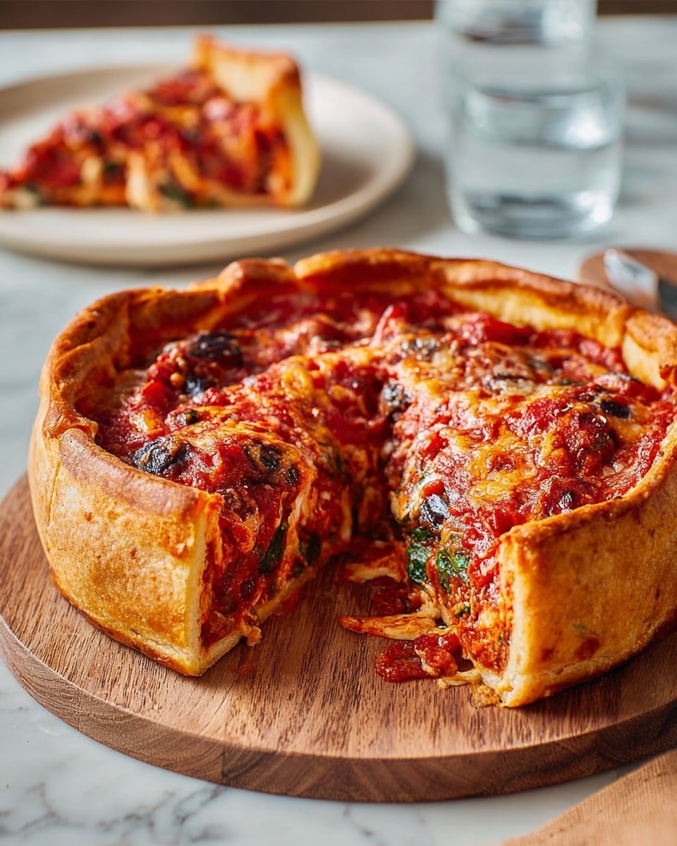 A deep-dish pizza on a round wooden board with one big slice taken out, showing layers of thick golden crust, melted orange cheese mixed with gooey red tomato sauce, and visible bits of dark olives and green spinach inside; the top layer of crust is round and puffy, golden brown with some crisp edges. In the background, there is a white plate with two pizza slices on a wooden table with a glass of water nearby, all set on a white marbled texture. Photo taken with an iphone --ar 4:5 --v 7