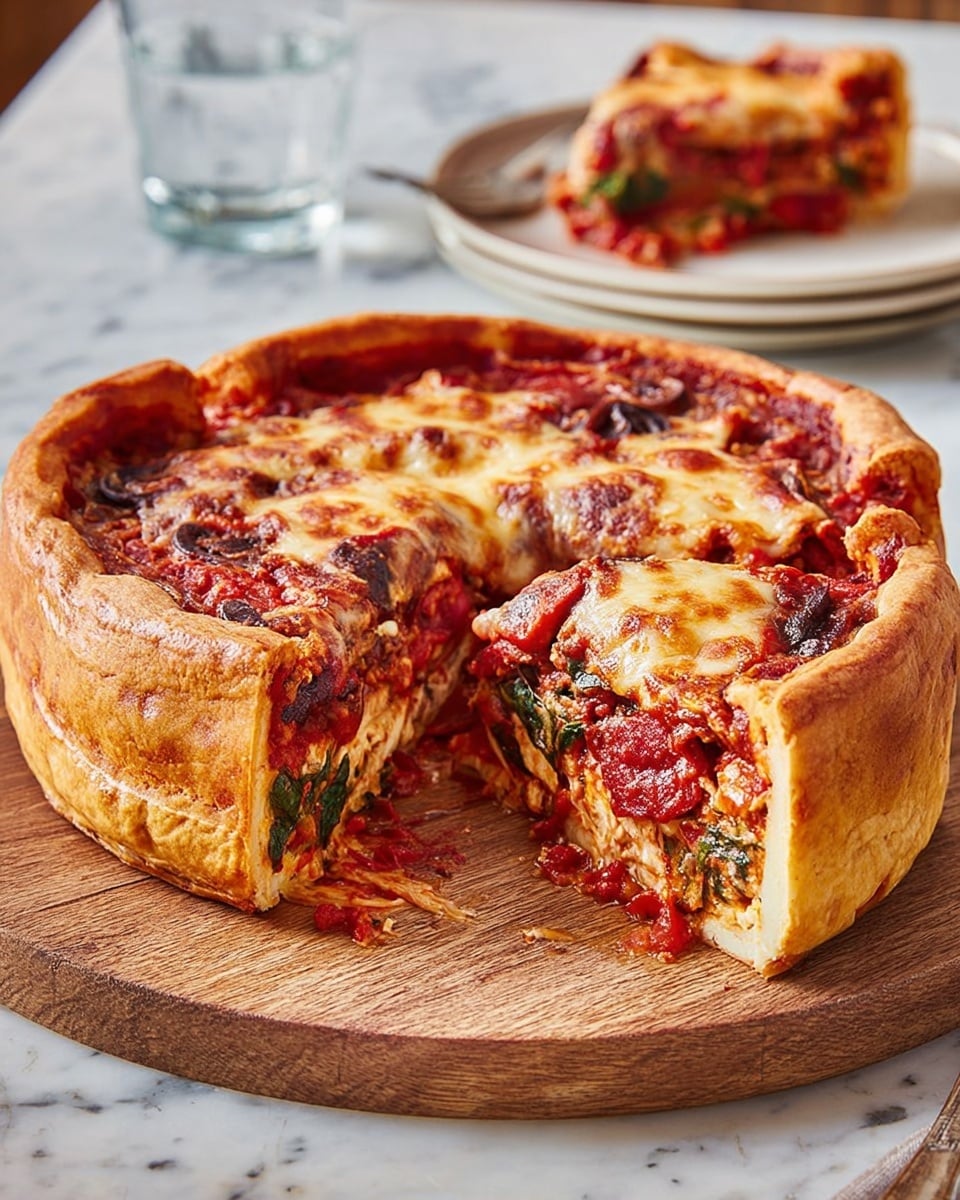 A thick deep-dish pizza with a golden-brown crust folded slightly over the edges, showing a rich, melted cheese layer on top with browned spots. Inside, there are visible layers including bright red tomato sauce, dark olives, and green spinach, all held together with gooey cheese. The pizza is placed on a wooden round board set on a white marbled surface, with one slice cut out revealing the thick filling layers. In the background, a white plate with more slices of the pizza and a glass of water are visible. Photo taken with an iphone --ar 4:5 --v 7