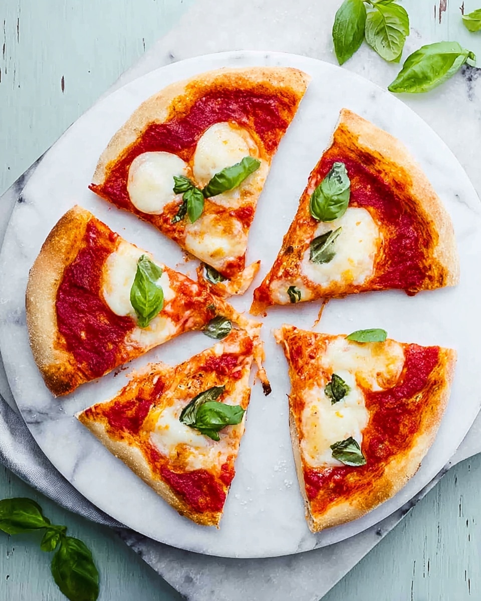 A white plate with six slices of pizza arranged in a circle, each slice showing a thin crust that is light golden brown around the edges. The pizza has a base layer of red tomato sauce covered unevenly with melted white cheese that forms small, rounded patches. Fresh green basil leaves are scattered on top of the cheese and tomato sauce, adding a vibrant touch. The plate sits on a white marbled surface with extra basil leaves placed nearby. Photo taken with an iphone --ar 4:5 --v 7