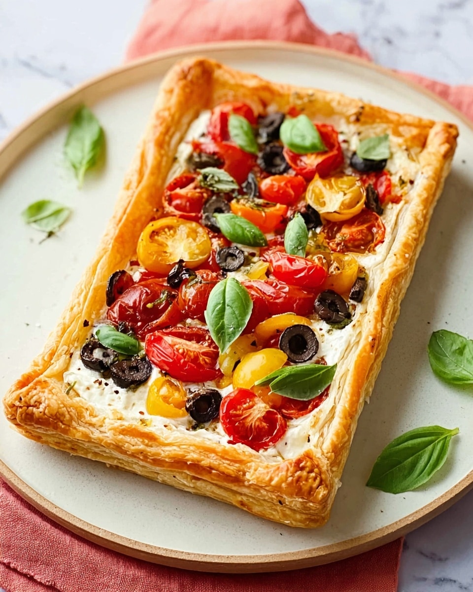 A rectangular puff pastry tart with three visible layers: the bottom layer is golden and flaky, the middle layer consists of melted white cheese spread unevenly, and the top layer is a colorful mix of fresh red cherry tomato slices, black olive slices, small yellow pepper pieces, and bright green basil leaves scattered on top. The tart sits on a white plate placed on a white marbled surface with a folded coral pink cloth nearby. Photo taken with an iphone --ar 4:5 --v 7