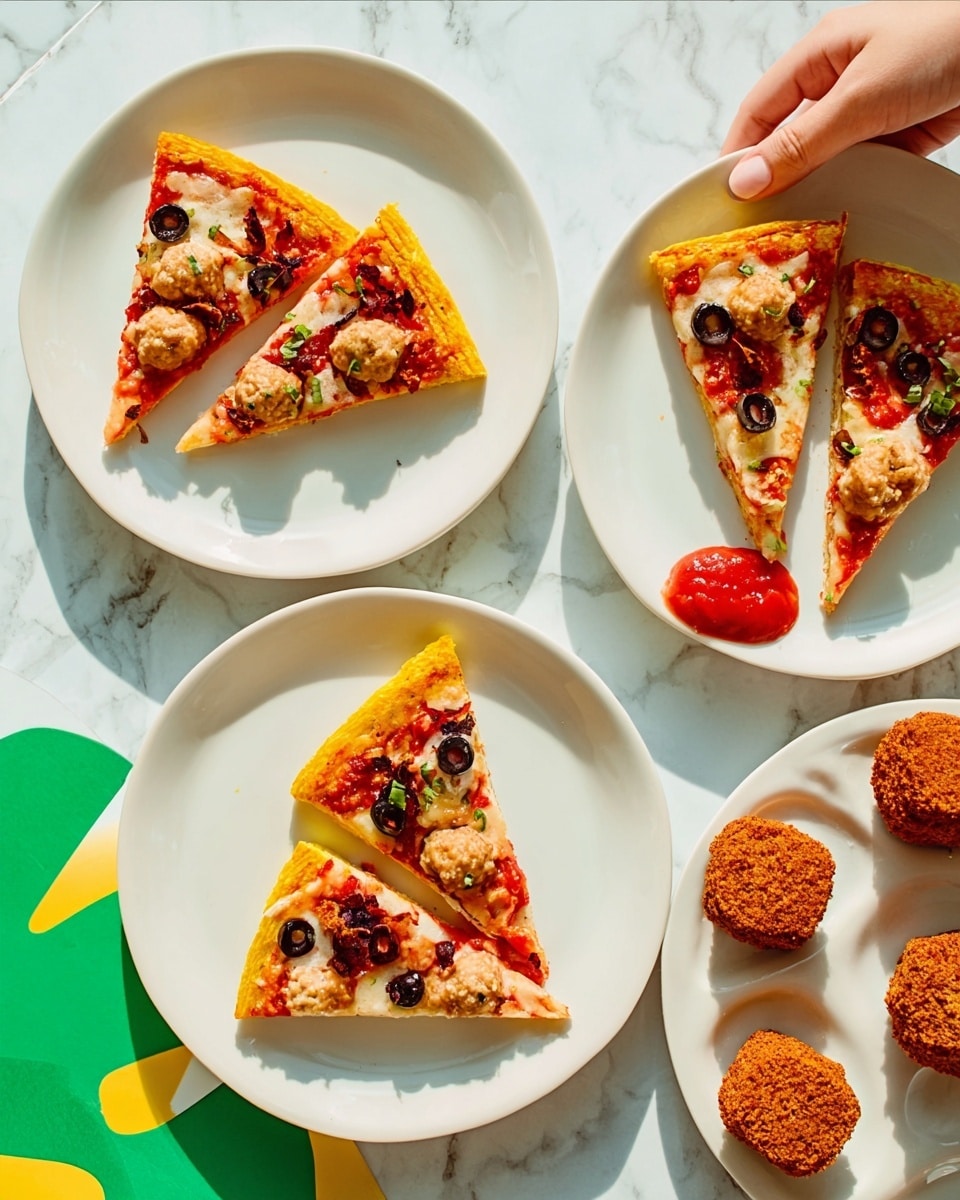 The image shows several white plates on a white marbled surface, each with different food items. One plate has three triangular slices of pizza with melted cheese, tomato sauce, small meatballs, and black olive slices on top. Near the pizza slices, there is a round fried food item with a crispy brown texture. Another plate holds three similar pizza slices arranged neatly with a dollop of red ketchup beside them. A woman's hand is reaching toward one of the plates at the top right of the image. The pizza slices have bright colors with the yellow crust, red sauce, white cheese, and black olives standing out against the white plates and white marbled surface. Photo taken with an iphone --ar 4:5 --v 7