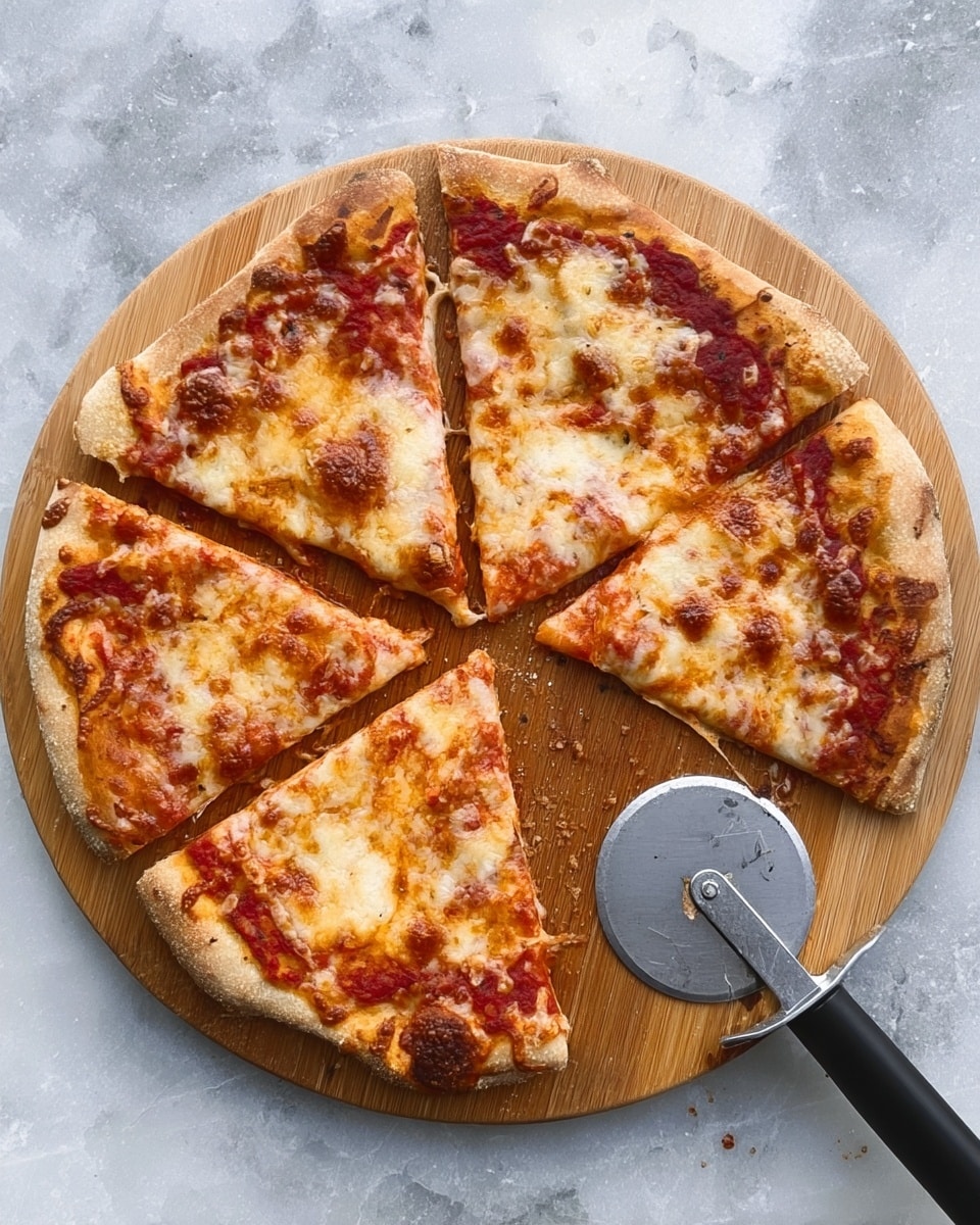 A round pizza with a golden-brown crust sits on a wooden serving board, cut into six uneven slices. The pizza surface is covered with melted cheese that has patches of light brown where it is cooked more, and a layer of red tomato sauce peeks through in spots. The wooden board rests on a white marbled surface, and to the right of the board is a silver pizza cutter with a black handle. One slice of pizza is slightly pulled away from the rest. Photo taken with an iphone --ar 4:5 --v 7
