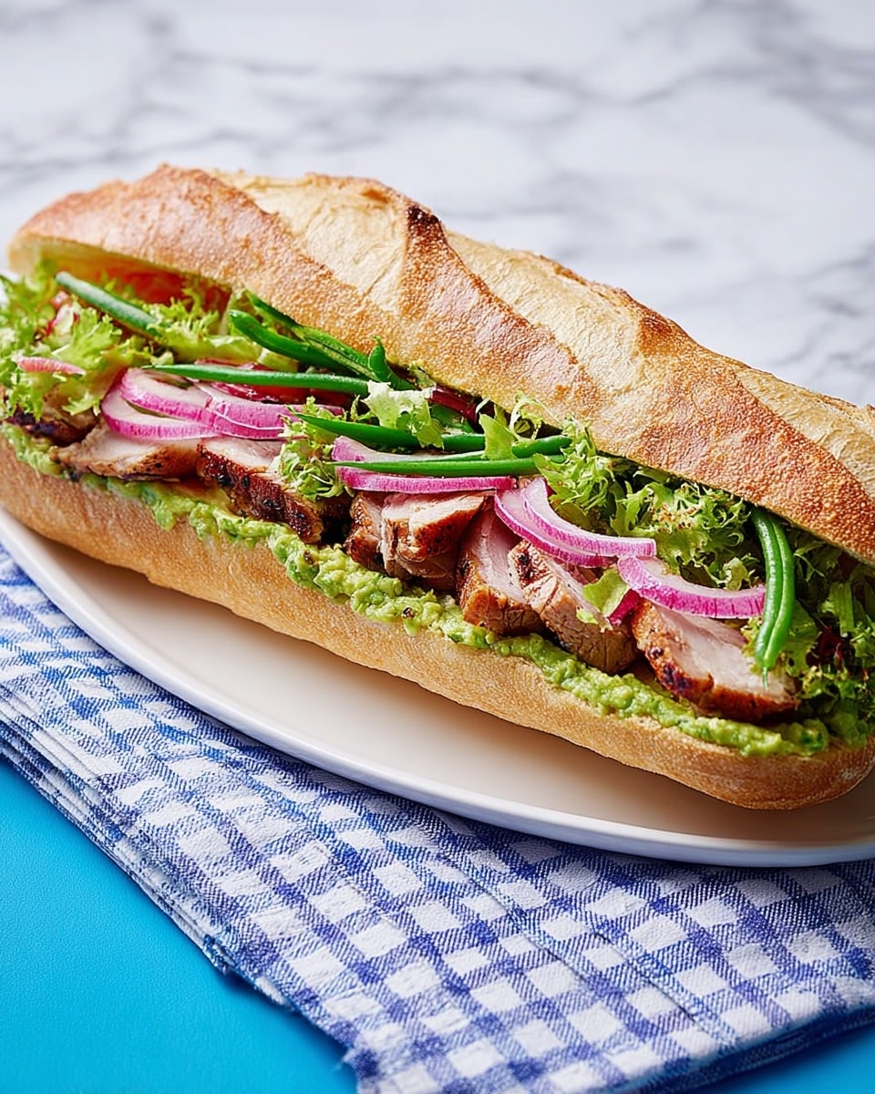 A long sandwich made with a crusty light brown baguette is filled with four layers: the bottom layer is creamy green avocado spread, topped by evenly sliced pieces of roasted meat with a browned edge, then a layer of fresh, curly green lettuce leaves, and the top layer is made of thin, round slices of bright purple-red onion scattered alongside green beans. The sandwich is placed on a white plate sitting on a blue and white checkered cloth, all set against a white marbled surface. Photo taken with an iphone --ar 4:5 --v 7