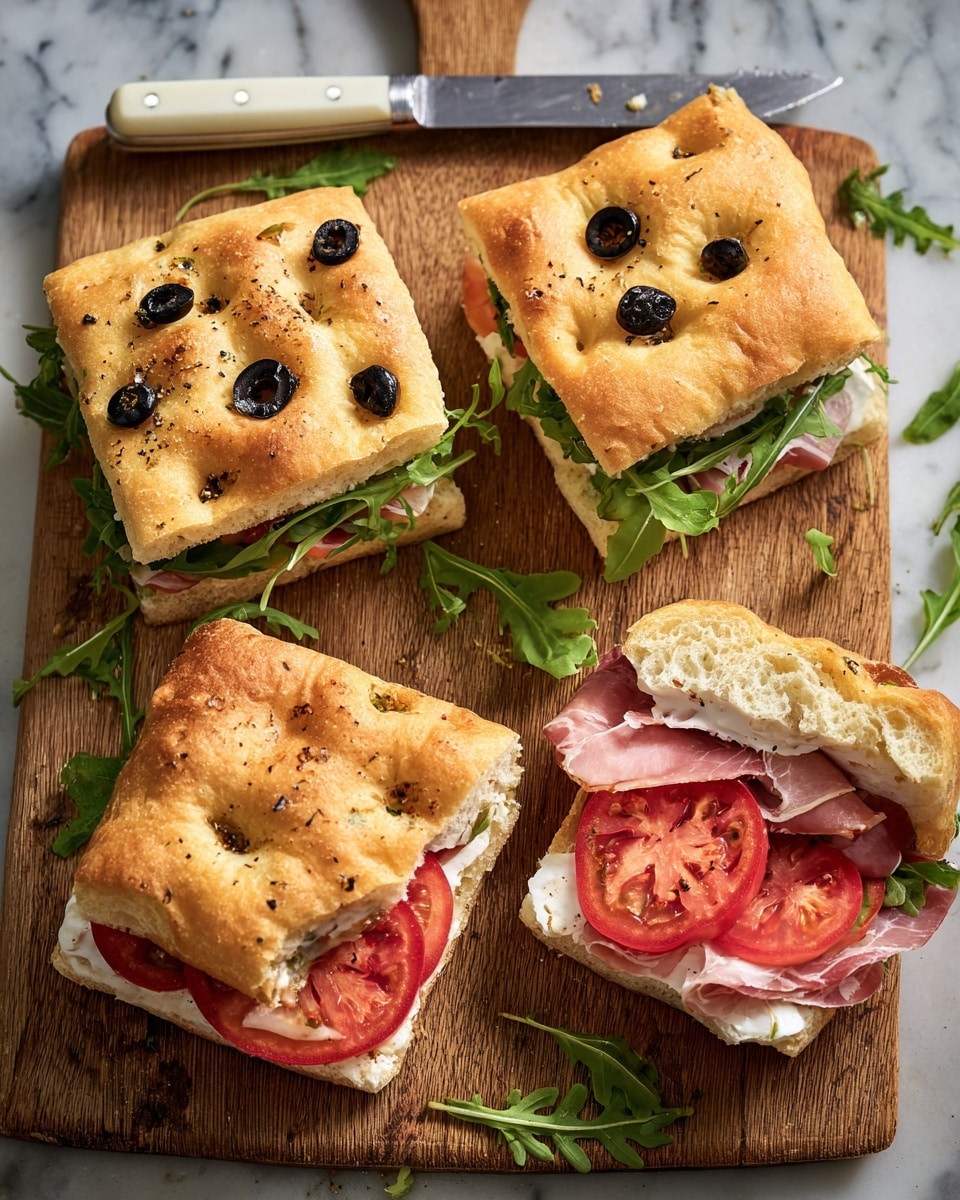 Four square sandwiches are placed on a wooden board with a few arugula leaves scattered around. Each sandwich has two layers: the top layer is golden brown focaccia bread dotted with black olive slices, soft and slightly puffy. The bottom layer starts with fresh green arugula leaves, followed by red tomato slices with visible seeds and a sprinkle of black pepper, then thin slices of pink prosciutto, and finally some white creamy cheese slightly oozing out. One sandwich is cut open, showing the inside layers clearly. A knife with a white handle rests in the upper left corner on a white marbled surface. photo taken with an iphone --ar 4:5 --v 7