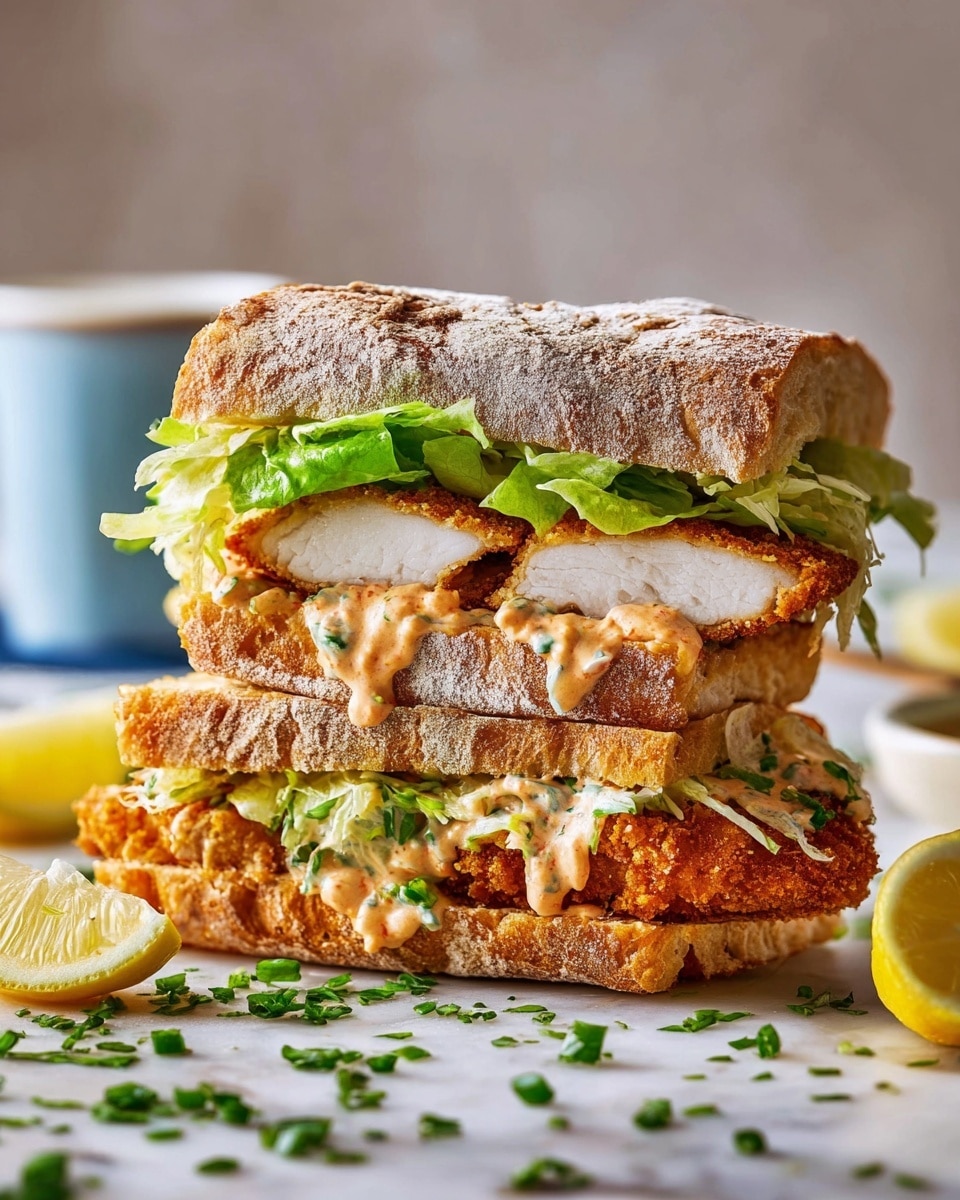 The image shows a tall sandwich made with two thick pieces of golden brown, crusty bread, each dusted with flour on top with a rough texture. Inside the sandwich, the top layer is fresh, bright green lettuce, slightly crinkled and leafy, sitting on top of a thick, juicy piece of crispy chicken breast, white inside with a crunchy golden-brown crust. Below the chicken, there is a creamy sauce with orange and white colors, speckled with green herbs and small bits of vegetables. The bottom half of the sandwich has another layer of a well-fried crispy chicken patty, surrounded by more green lettuce and the same creamy, mixed sauce. Scattered finely chopped green herbs are around the sandwich on the white marbled surface, and two lemon wedges are placed nearby. In the blurred background, a white cup with a blue rim is visible. The photo taken with an iphone --ar 4:5 --v 7