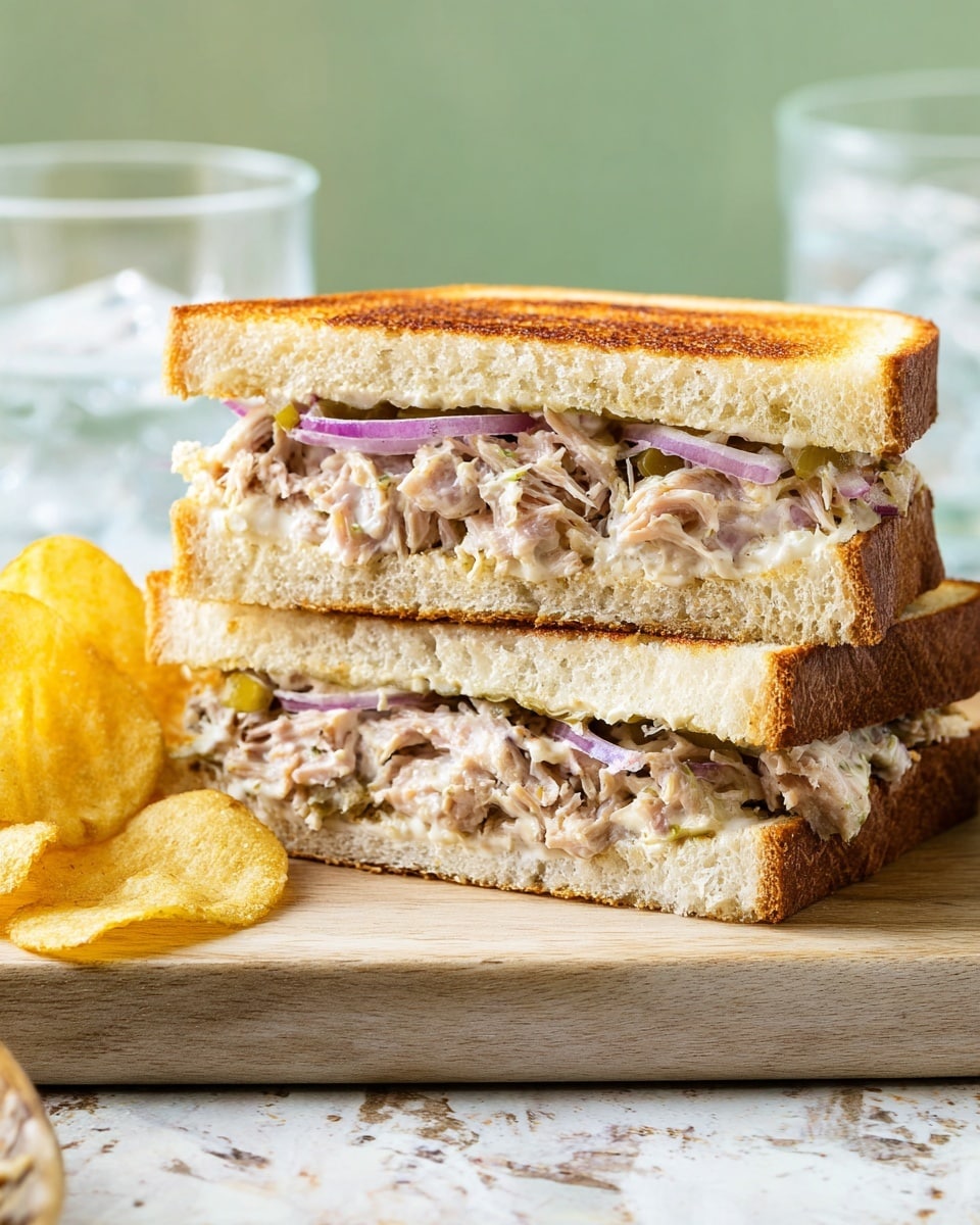 A close-up of a sandwich cut in half and stacked, showing two layers of soft white toasted bread with a golden brown crust on top and bottom. Inside each layer, there is a mix of shredded light brown tuna and thin slices of light purple onion, combined with creamy white mayonnaise. The sandwich is placed on a light wooden board, with a few golden potato chips on the left side. The background consists of a soft green and a white marbled surface beneath the board, with two clear glasses of water faintly visible on both sides. photo taken with an iphone --ar 4:5 --v 7