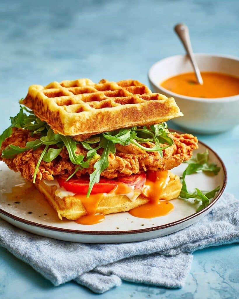 Fried Chicken Waffle Sandwich with Garlic Sauce and Rocket Recipe