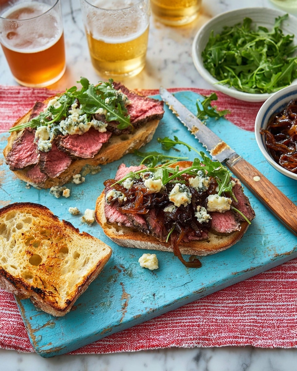 Two open-faced sandwiches sit on a worn blue wooden board placed over a red and white striped cloth on a white marbled surface. Each sandwich has a base of toasted bread with a golden crust and airy texture. On the first sandwich, there are thick slices of pink, medium-rare steak layered on the bread, topped with green arugula leaves and crumbled blue cheese. The second sandwich also has steak slices, caramelized dark brown onions, blue cheese crumbles, and scattered arugula. To the left, there is a plain toasted bread slice with a shiny drizzle of olive oil, slightly charred. A serrated knife with a wooden handle lies on the board between the sandwiches and a white bowl filled with rich, dark caramelized onions. At the top, a white bowl of fresh green arugula is partially visible, flanked by two glasses containing amber sparkling drinks with foam bubbles. Photo taken with an iphone --ar 4:5 --v 7
