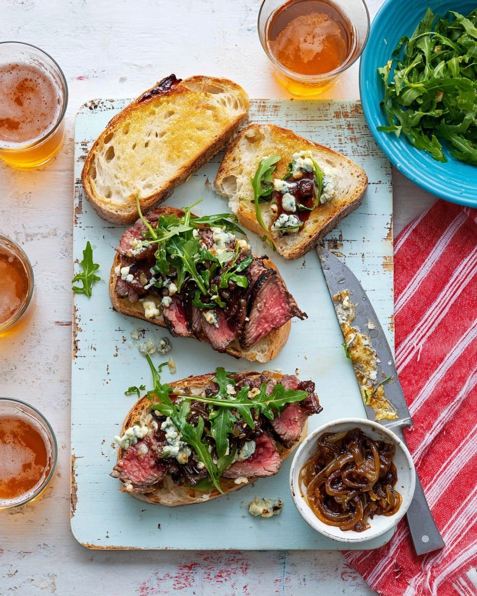 The image shows two slices of toasted rustic bread with a light golden crust placed on a white rectangular cutting board with a worn blue paint look. Each slice is layered with thin pieces of medium-rare steak, topped with dark caramelized onions, small bits of creamy blue cheese, and fresh green arugula leaves. Next to the two open-faced sandwiches is a third slice of toasted bread with a glossy spread of olive oil on top. A serrated knife with a wooden handle lies beside the sandwiches, and a small white bowl filled with caramelized onions sits on the right side of the board. Surrounding the board is a red and white striped cloth on a white marbled textured surface. There are two glasses of amber-colored beer and a blue bowl filled with fresh arugula leaves visible in the frame. photo taken with an iphone --ar 4:5 --v 7