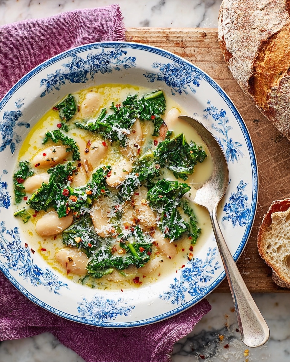 A white plate with blue floral patterns holds a creamy soup layered with large white beans and bright green kale leaves scattered throughout. The soup has a smooth, thick texture with some grated white cheese sprinkled on top, mixed with small flecks of red chili flakes and a drizzle of golden olive oil. A silver spoon rests on the right side of the plate, partially submerged in the soup. To the right of the plate, a crusty piece of rustic bread with a golden-brown crust sits on a wooden board. The whole scene is set on a white marbled surface with a purple cloth napkin partially visible above the plate. Photo taken with an iphone --ar 4:5 --v 7
