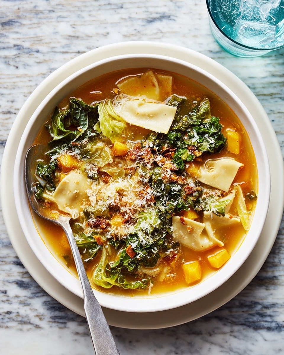 A bowl of soup with three main layers is shown. The bottom layer has a warm orange broth, slightly thick with small diced yellow vegetables scattered in it. The middle layer has large, flat, off-white pasta pieces that float partly submerged in the broth. The top layer has dark green leafy vegetables that look soft and curly, sprinkled with crumbled brown bits and shredded light-colored cheese. A silver spoon rests inside the bowl on the left side. The bowl is white and sits on a matching white plate, all placed on a white marbled surface. A glass of clear ice water is partially visible in the top right corner. photo taken with an iphone --ar 4:5 --v 7