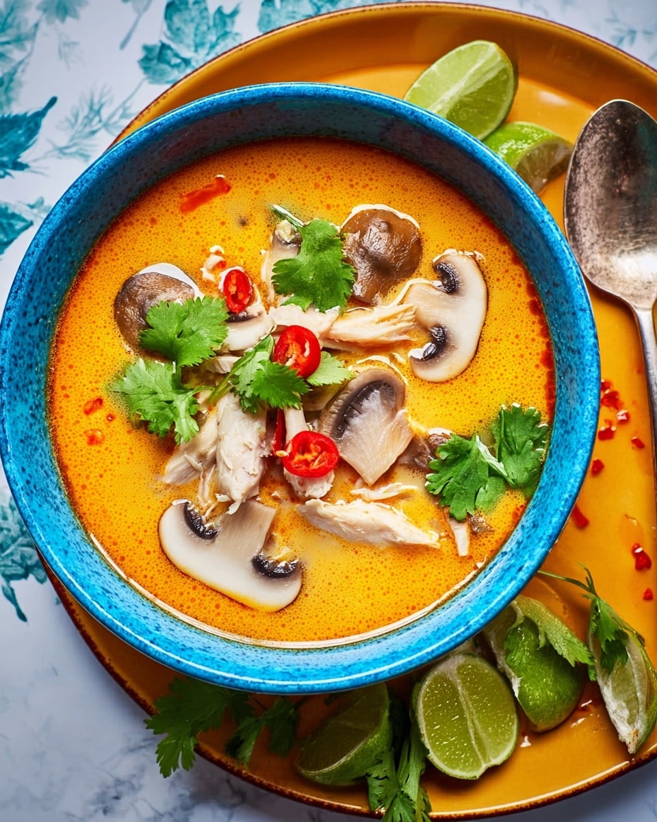 A blue bowl filled with a creamy orange soup containing several layers: the base is smooth and bright orange, topped with thin slices of white mushrooms that have grayish gills, pieces of white chicken breast, and small red chili rings scattered on top. Bright green cilantro leaves rest on the surface, adding freshness and color contrast. The bowl is placed on an orange plate with a spoon resting beside it, all set on a white marbled texture. Fresh lime wedges and more cilantro sprigs are visible around the bowl, adding to the vibrant look. Photo taken with an iphone --ar 4:5 --v 7