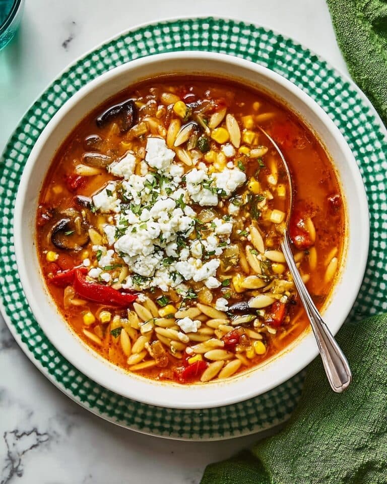 Summery Orzo Soup with Feta, Olives, and Roasted Vegetables Recipe