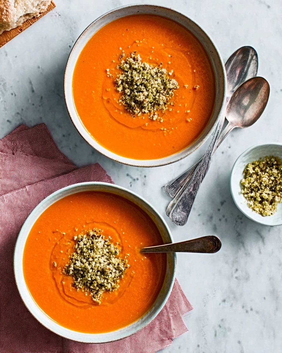 Two white bowls filled with smooth, bright orange soup placed on a white marbled surface, each topped with a sprinkle of greenish-brown crumbly garnish centered on the soup. One bowl rests on a folded pink cloth while the other is directly on the surface. Next to the bowls are two shiny silver spoons and a small white bowl holding more of the greenish topping. A piece of bread is partly visible on the top left corner. photo taken with an iphone --ar 4:5 --v 7