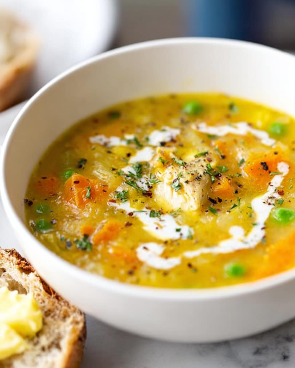 The image shows a white bowl filled with chunky chicken soup sitting on a white marbled surface. The soup has a thick yellow broth with visible pieces of orange carrots and green peas scattered throughout. There are thicker white pieces of chicken mixed in, and a drizzle of cream swirled on top with a sprinkle of black pepper and herbs. The bottom left corner of the image includes a piece of crusty bread with some butter or spread on it. The background is softly blurred, focusing attention on the bowl and its contents. Photo taken with an iphone --ar 4:5 --v 7