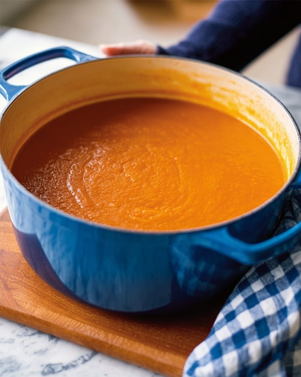 A large deep blue pot filled with smooth, bright orange soup, with a shiny surface showing slight reflections of light. The pot sits on a wooden surface, and a plaid cloth is held by a woman’s hand on the right side, gripping the pot handle carefully. The soup looks thick and creamy with no visible lumps or toppings. The background shows part of a striped apron and a clean setting. Photo taken with an iphone --ar 4:5 --v 7