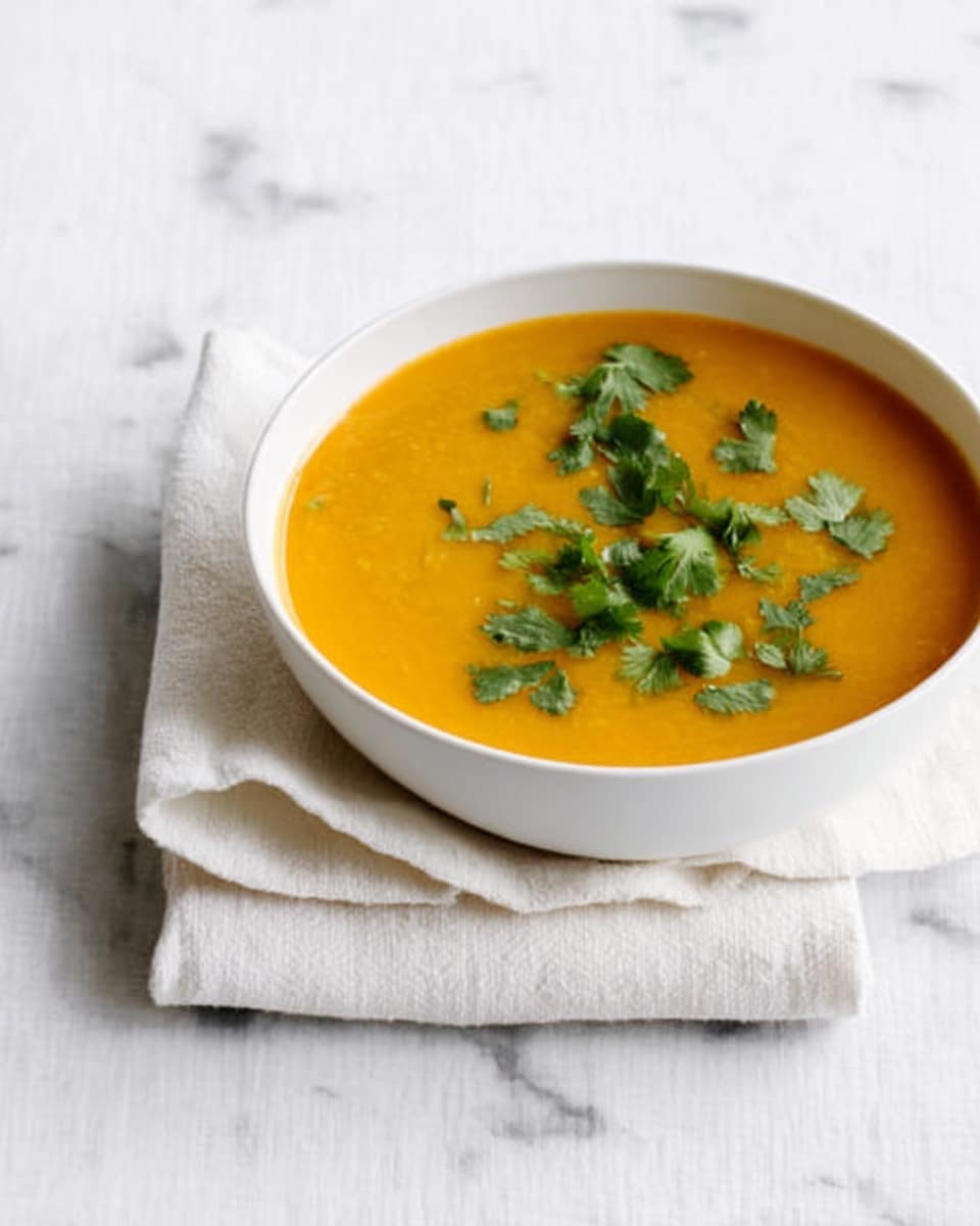 A white bowl filled with smooth orange soup, garnished with small dark green cilantro leaves scattered on top; the bowl rests on a white cloth napkin, all placed on a white marbled surface. photo taken with an iphone --ar 4:5 --v 7