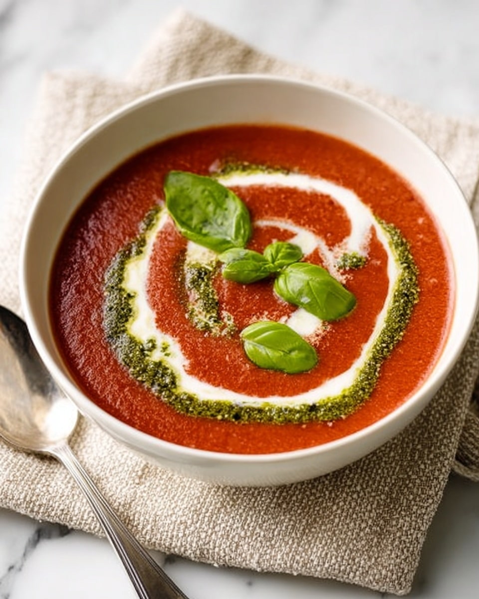 A white bowl filled with smooth red tomato soup, topped with a swirl of white cream creating a gentle curve on the surface. Around the cream, there is a green pesto sauce ring adding a textured, leafy look. Three fresh, bright green basil leaves are placed on top, giving a fresh feel. The bowl rests on a soft, beige woven cloth, placed on a white marbled surface. A silver spoon is positioned on the left side of the bowl. photo taken with an iphone --ar 4:5 --v 7