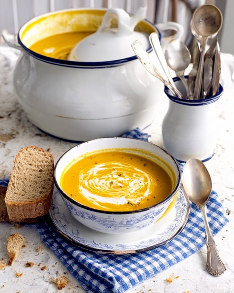 A white bowl with a dark rim is filled with thick yellow-orange soup, topped with a swirl of white cream in the center. The bowl sits on a blue and white checkered cloth, next to a piece of light brown bread with a rough texture. Behind the bowl, there is a large white soup tureen with dark rims holding more soup, with a ladle inside. To the right, a white jug with dark rims holds several spoons and forks. All items are placed on a white marbled surface with some crumbs scattered around. The photo was taken with an iphone --ar 4:5 --v 7