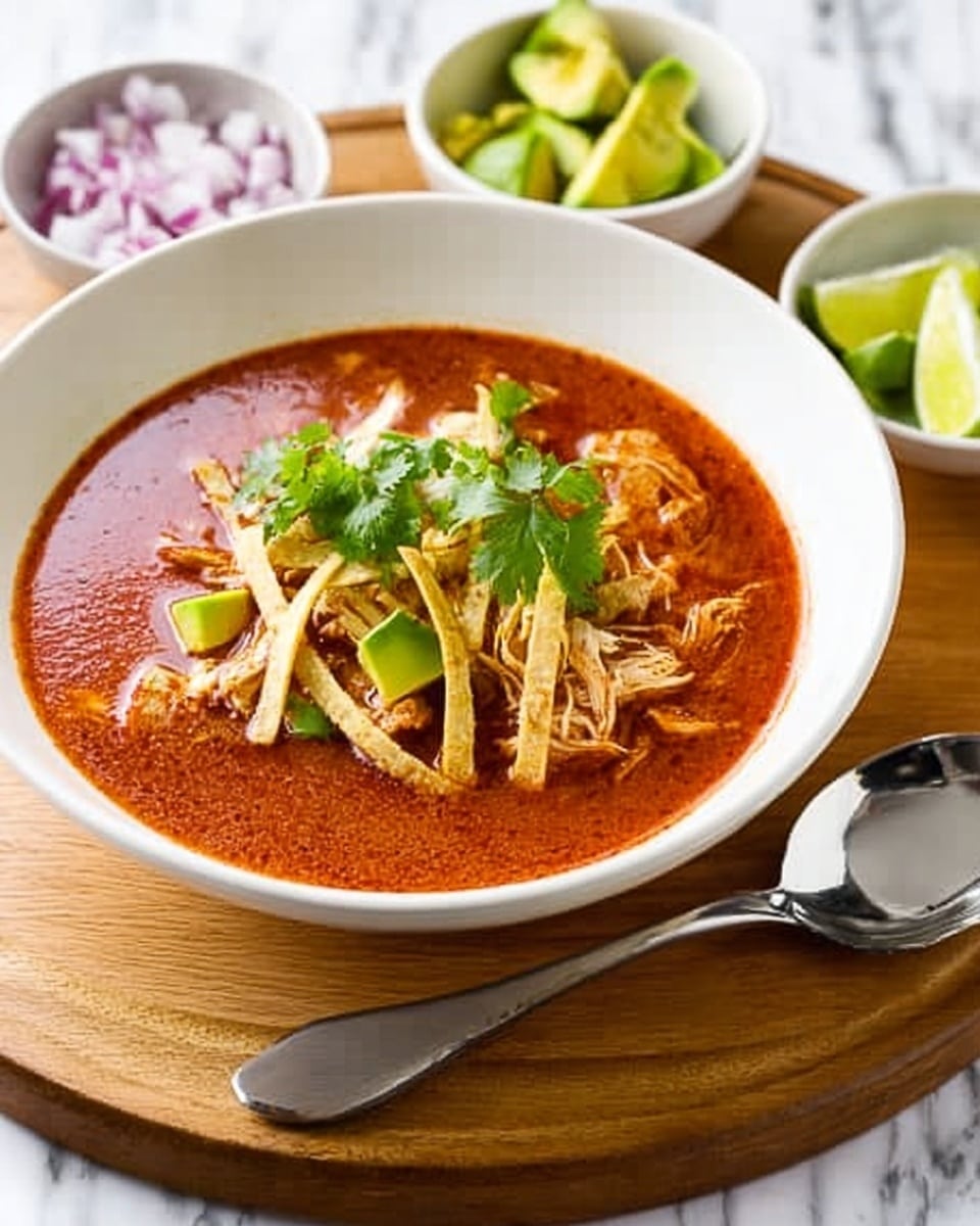 A deep white bowl filled with bright red soup, topped with strips of light beige fried tortilla, pieces of green avocado, fresh green cilantro leaves, and chunks of white chicken meat in the middle. Around the bowl on a wooden board, there are three small white bowls containing finely chopped red onion, diced avocado, and lime wedges. A silver spoon rests to the right of the bowl. The background is a white marbled surface. Photo taken with an iphone --ar 4:5 --v 7